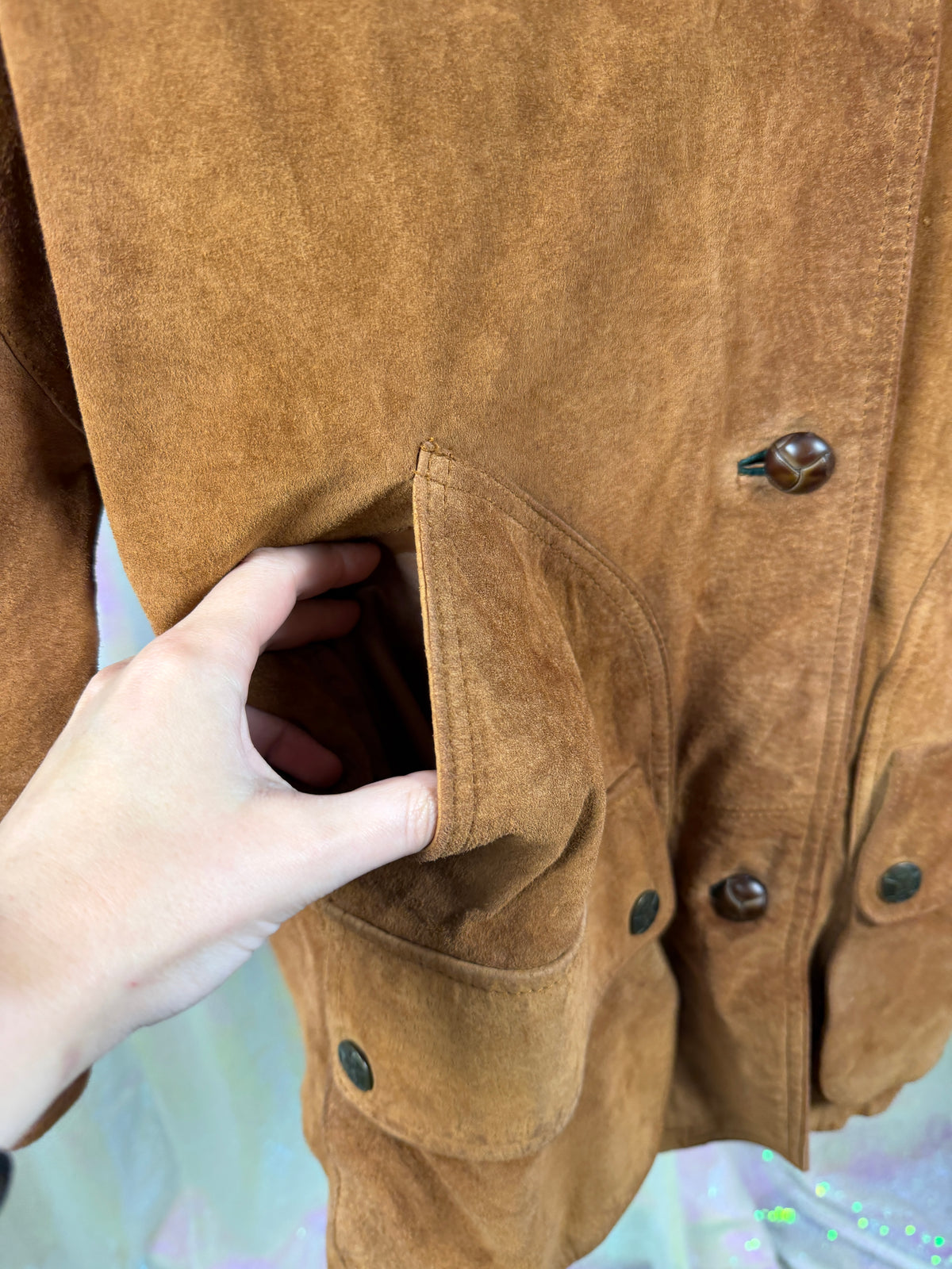 Winlit (S) 🍂🦌🪵🥾 cognac brown suede leather contrast collar utility field jacket (factory tagged: S)