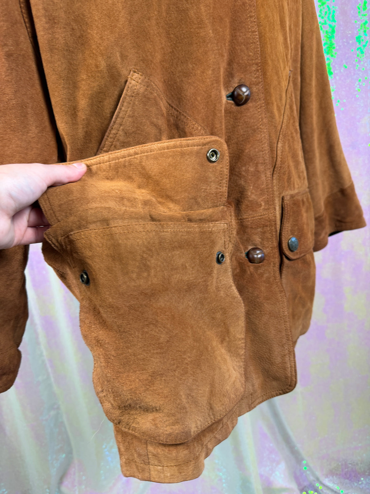 Winlit (S) 🍂🦌🪵🥾 cognac brown suede leather contrast collar utility field jacket (factory tagged: S)