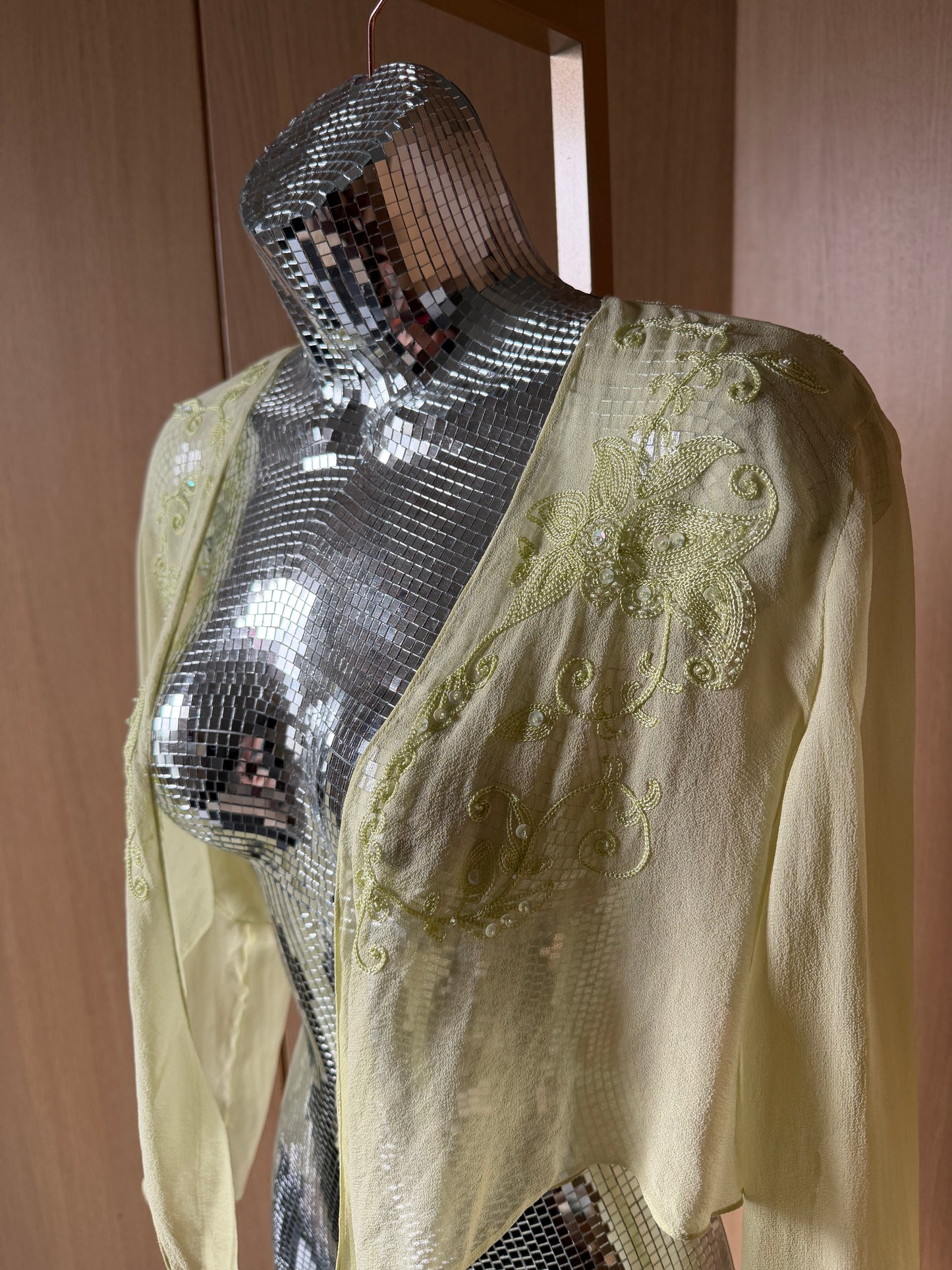 Maggie London Petites (M) 🍃🌿🧚‍♀️ 🍀 y2k Lizzie Mcguire sweet heart plant fairy sheer green embroidered 100% silk shrug tie crop top, green (factory tag: 12)