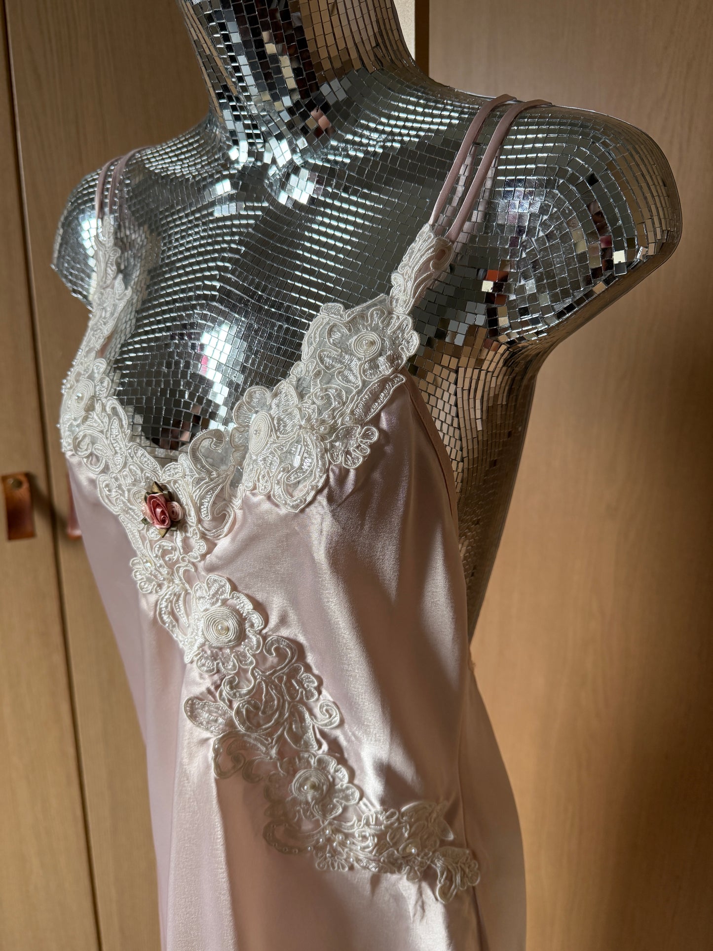 California Dynasty (M) 🧚‍♀️💫🌸⭐️ vintage late 90's early 2000's y2k art deco fairy god mother blush pink silk & cream floral embroidered roses maxi slip dress gown, pink, cream  (factory tag: M)