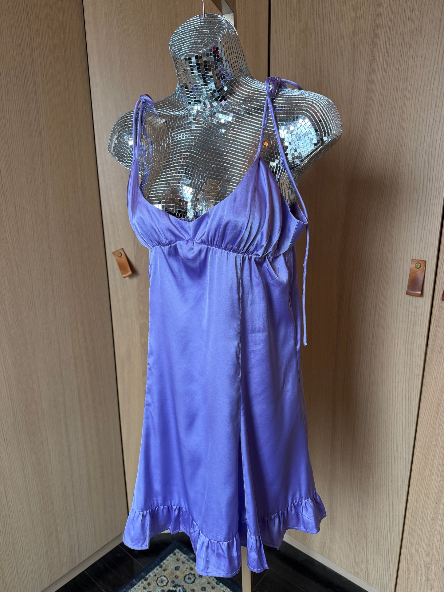 Showpo (S) 💜🎧🎀🪩 lavender haze babydoll tie straps y2k 2010s–2020's lavender sexy satin slip dress, purple (factory tag: AU 4 / US 0–2)