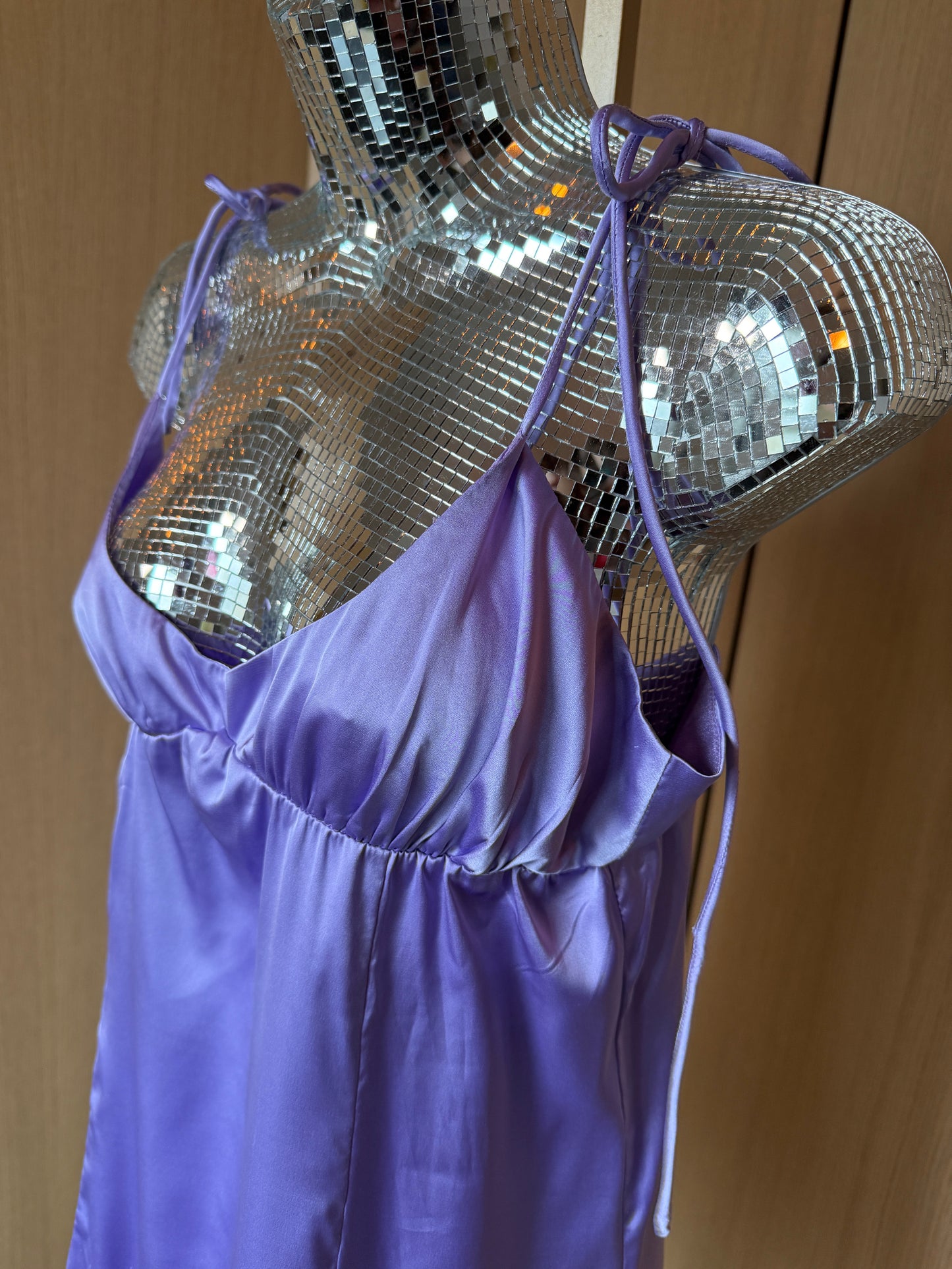 Showpo (S) 💜🎧🎀🪩 lavender haze babydoll tie straps y2k 2010s–2020's lavender sexy satin slip dress, purple (factory tag: AU 4 / US 0–2)