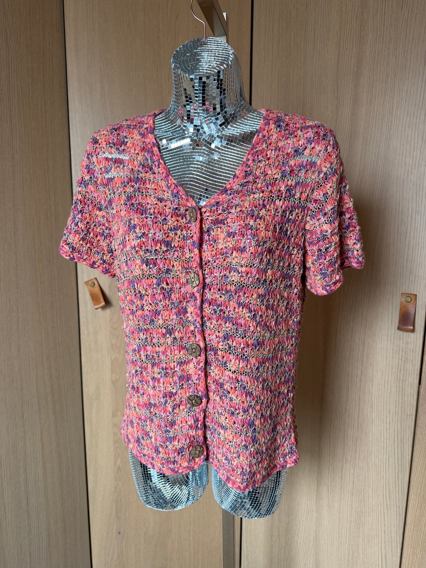 David Brooks (M) 🍓🎨🌺💗 vintage late 90's early 2000's hand knit pink and brown textured button down tee shirt, pink, brown (factory tag: M)