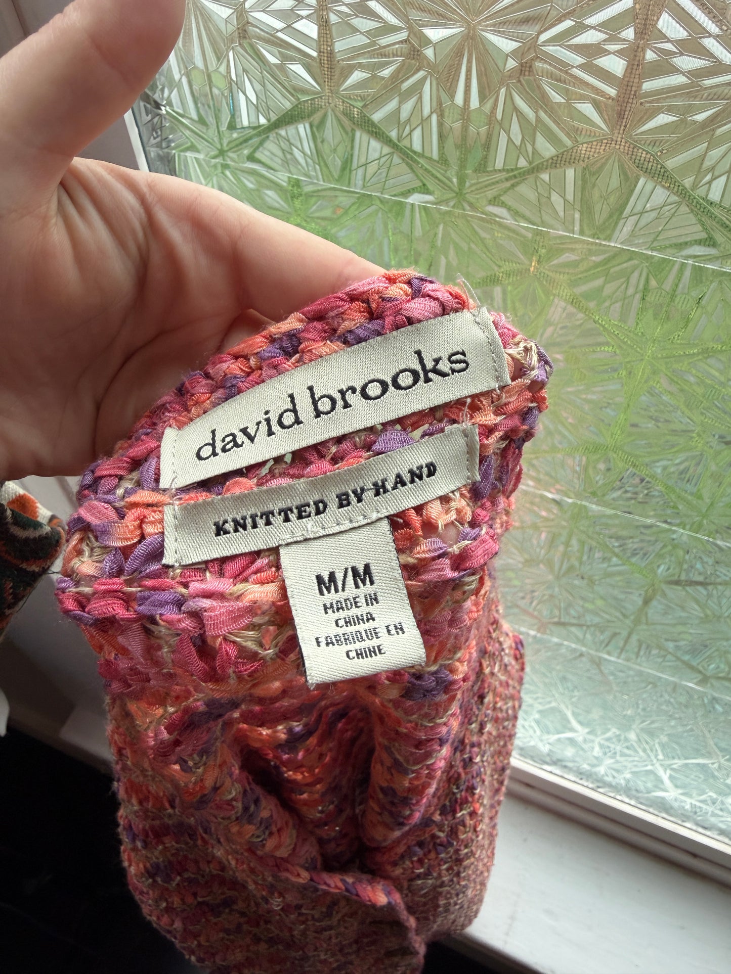 David Brooks (M) 🍓🎨🌺💗 vintage late 90's early 2000's hand knit pink and brown textured button down tee shirt, pink, brown (factory tag: M)