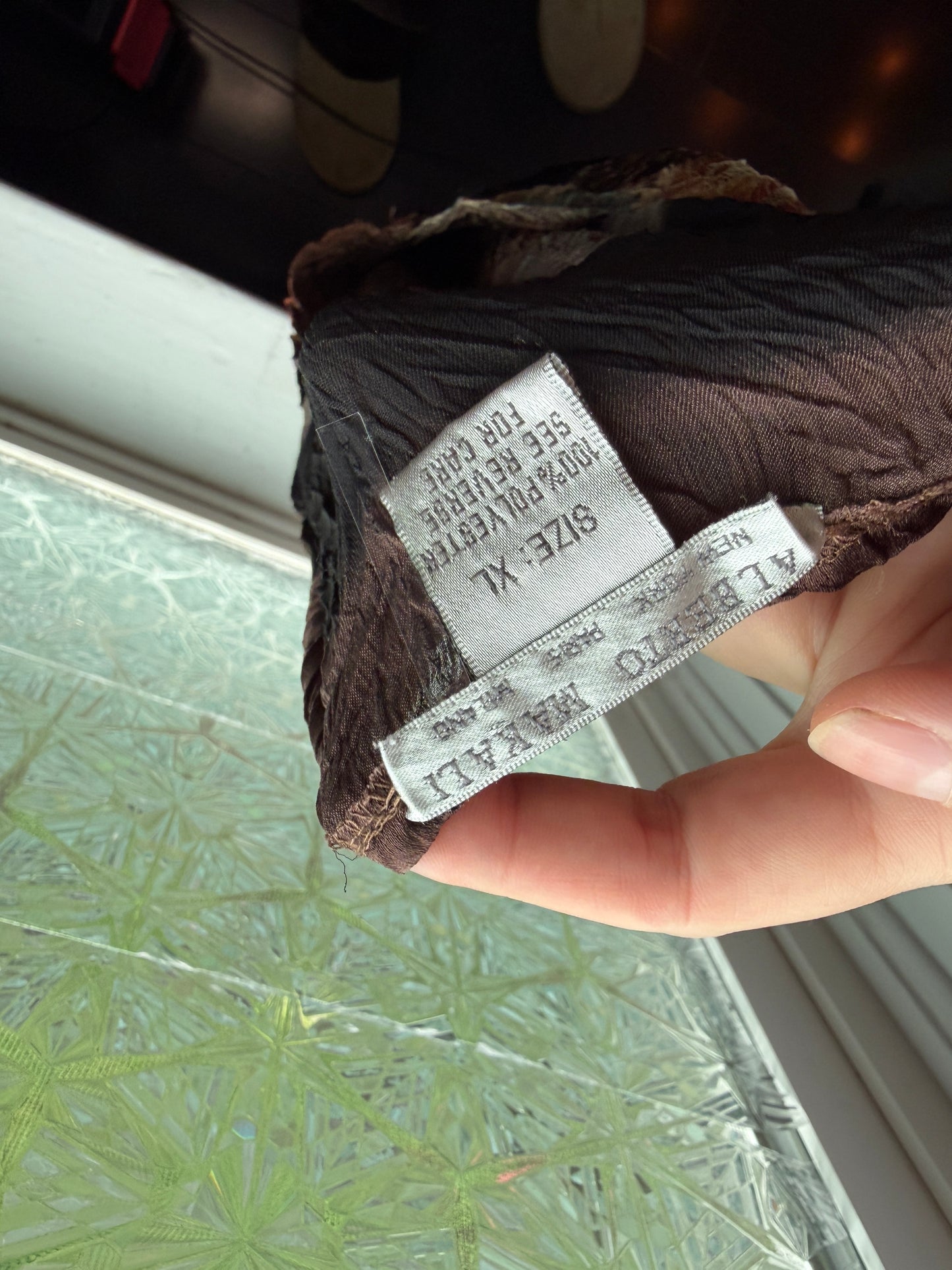 Alberto Makali (L) 🍂🧚‍♀️🍁🪵 vintage mid-2000's woodland fairy goblin girlie ghoul tree troll long sleeve shirt crinkle stretch top, brown (factory tag: XL)