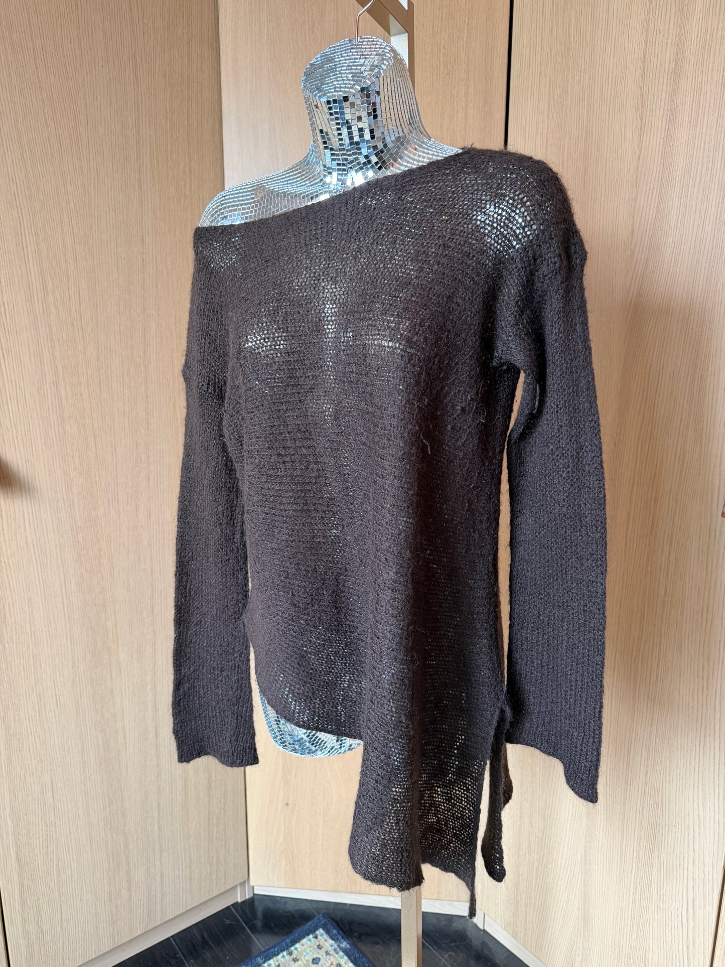 Wooden Ships (S) 🎨🌾🍂🪵 woodland fairy off-shoulder distressed open-knit asymmetrical sweater soft top, brown (factory tag: n/a)