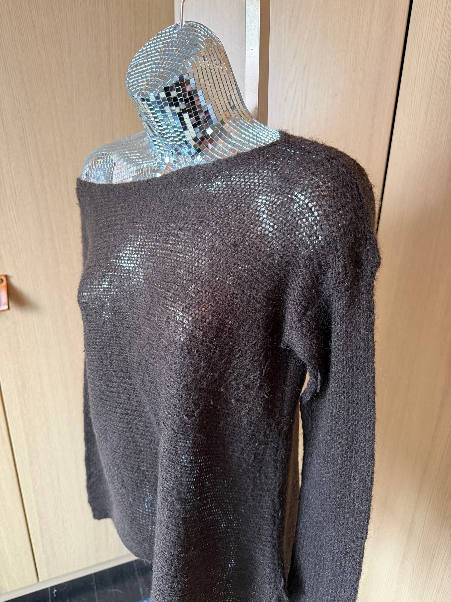 Wooden Ships (S) 🎨🌾🍂🪵 woodland fairy off-shoulder distressed open-knit asymmetrical sweater soft top, brown (factory tag: n/a)