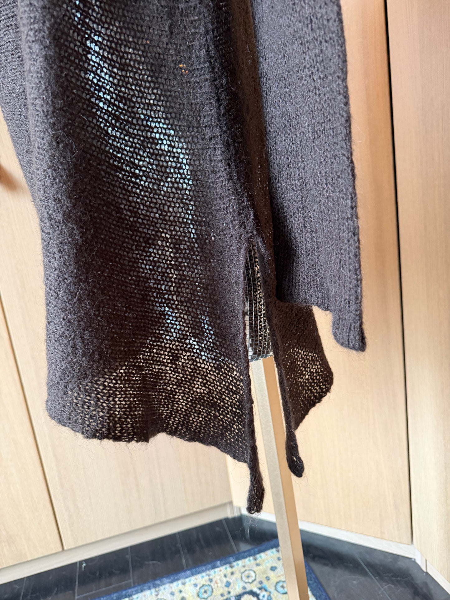 Wooden Ships (S) 🎨🌾🍂🪵 woodland fairy off-shoulder distressed open-knit asymmetrical sweater soft top, brown (factory tag: n/a)