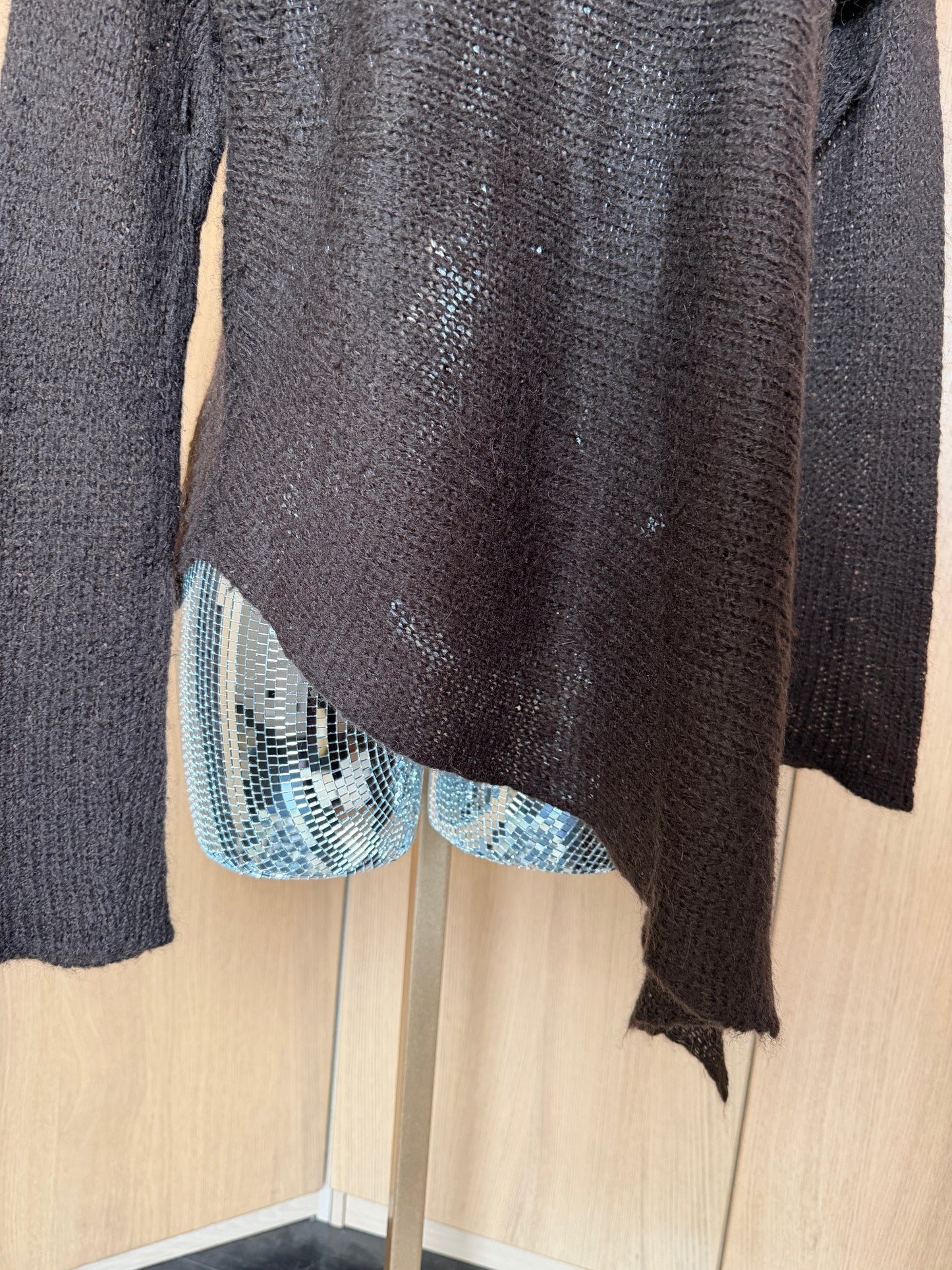 Wooden Ships (S) 🎨🌾🍂🪵 woodland fairy off-shoulder distressed open-knit asymmetrical sweater soft top, brown (factory tag: n/a)