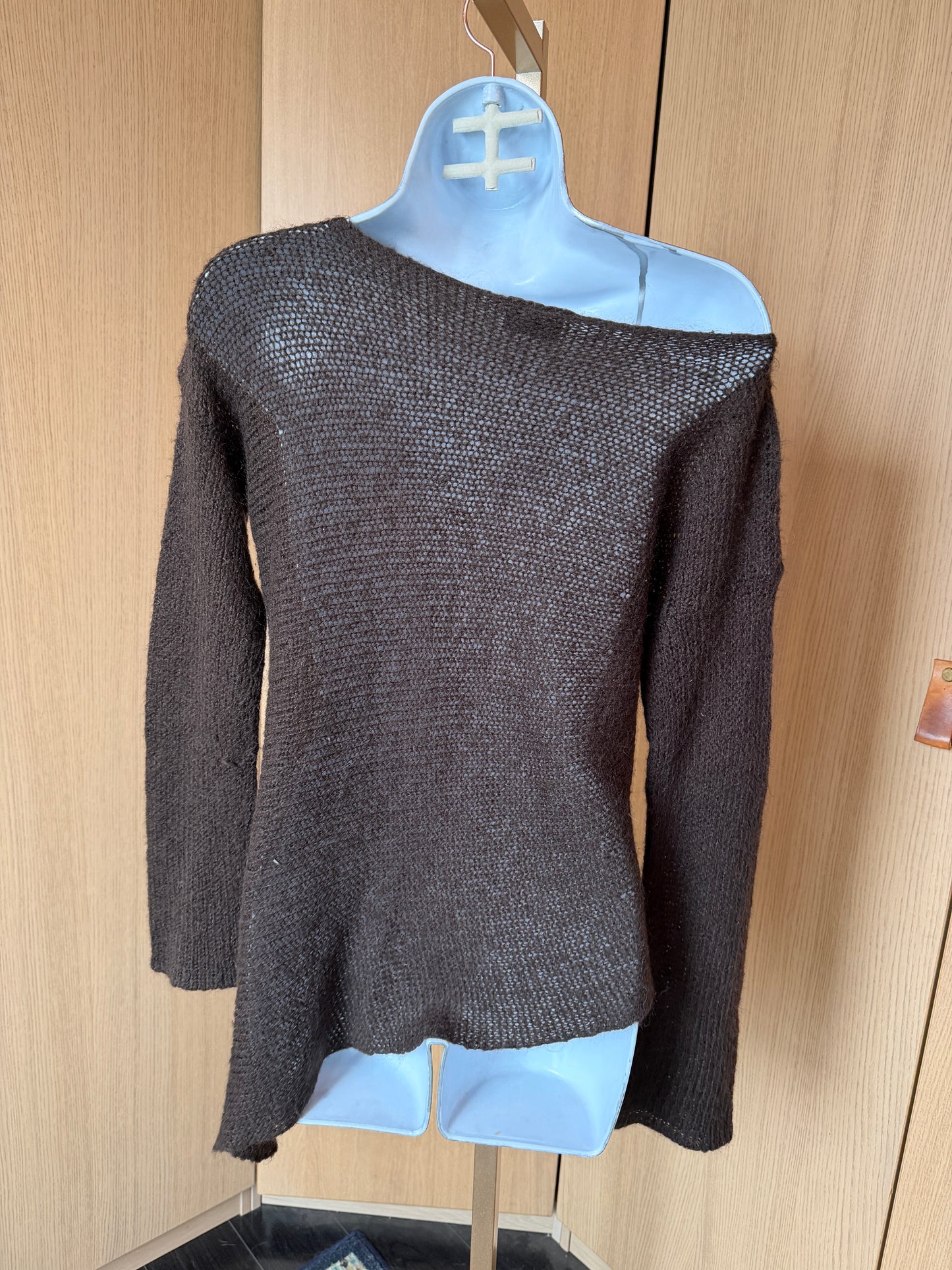 Wooden Ships (S) 🎨🌾🍂🪵 woodland fairy off-shoulder distressed open-knit asymmetrical sweater soft top, brown (factory tag: n/a)