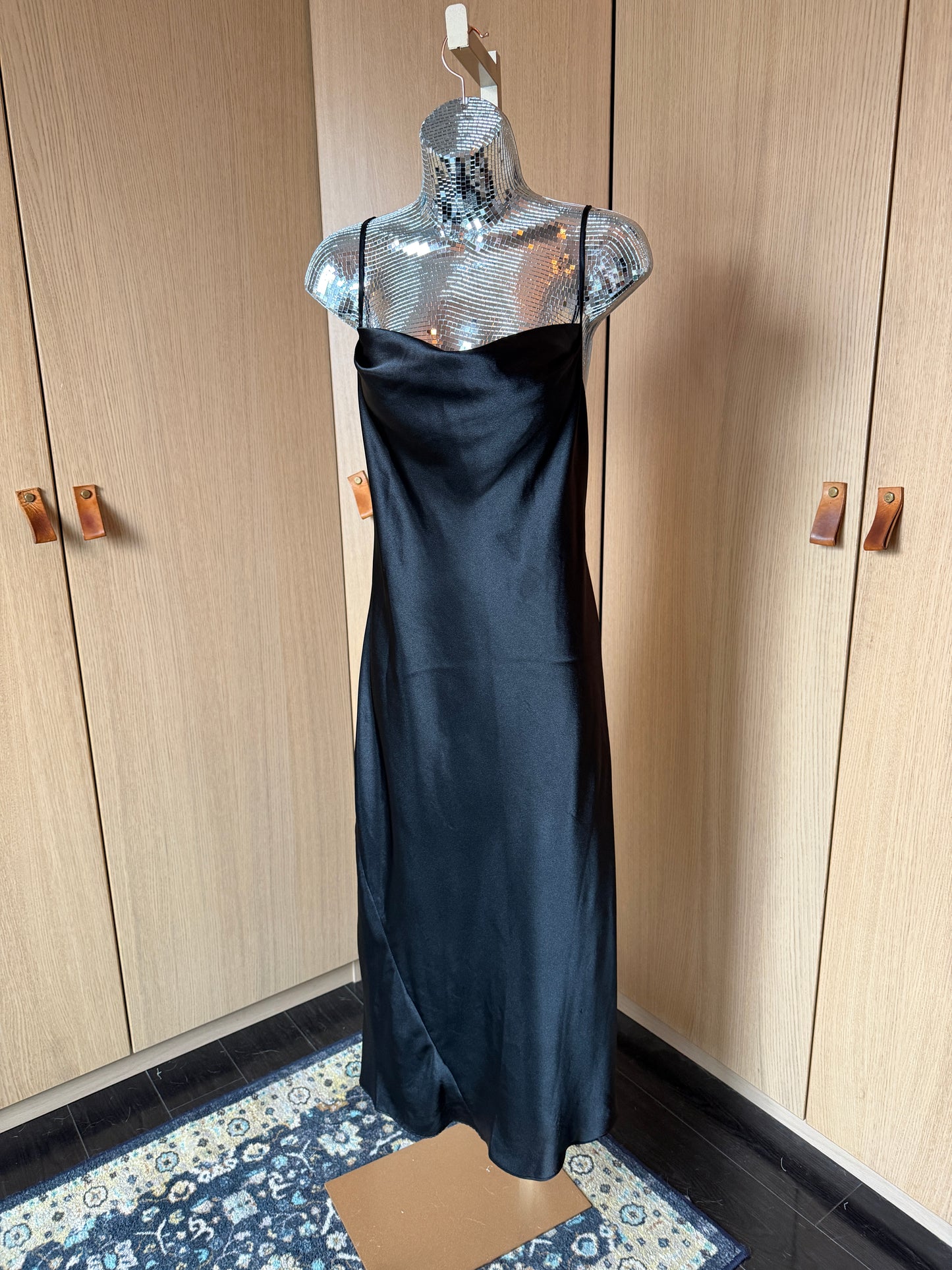 California Dynasty (S) 🌌🕶️🖤📞 vintage 90's to 2000's y2k seductress of the night gown black widow cowl neck slip satin silky dress, black (factory tag: S)