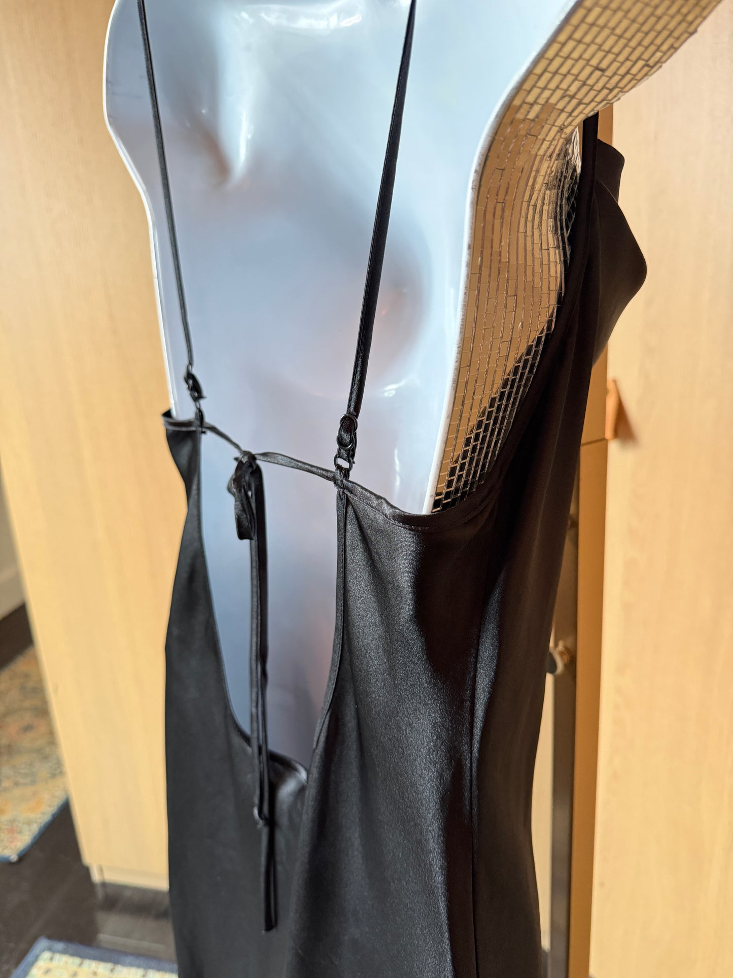 California Dynasty (S) 🌌🕶️🖤📞 vintage 90's to 2000's y2k seductress of the night gown black widow cowl neck slip satin silky dress, black (factory tag: S)