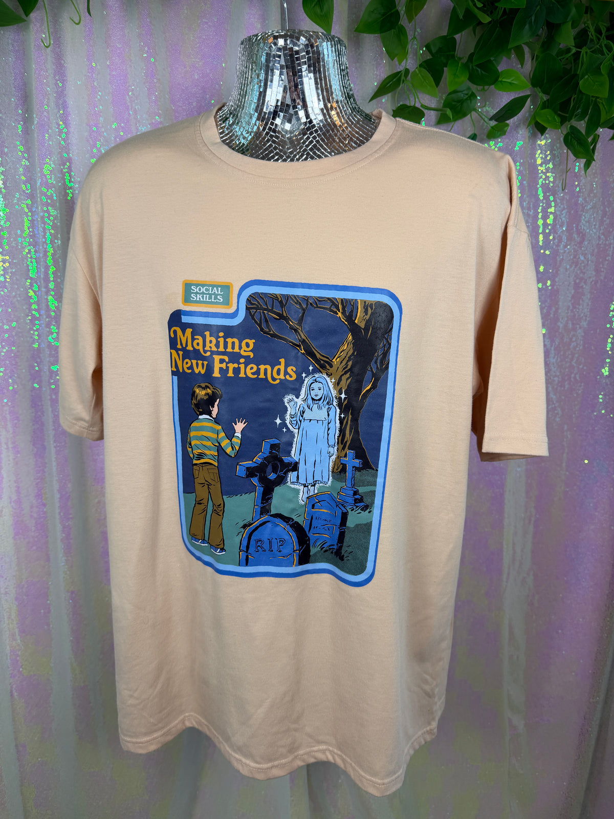 Ghostly T-shirt (L) 👻🕯️🪦🌙 Social Skills Making New Friends ghost graveyard graphic t-shirt (factory tagged: L)