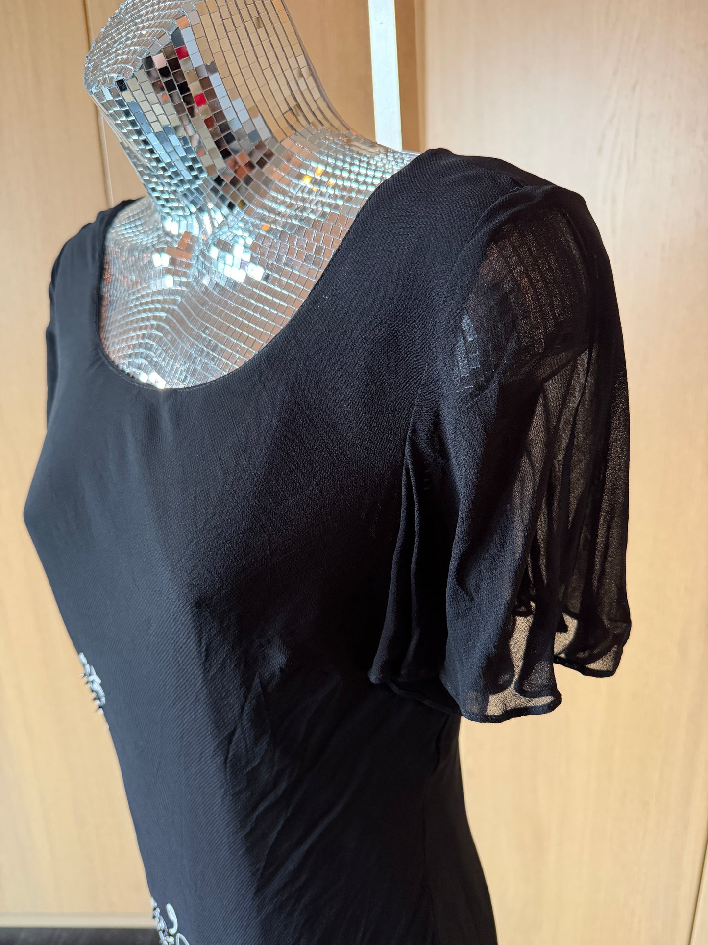 Eva Blue (M) 🕷️🖤🧵🌼 vintage early 2000's y2k black asymmetrical layered white floral embroidered & beaded black formal dress, black, white (factory tag: 6)