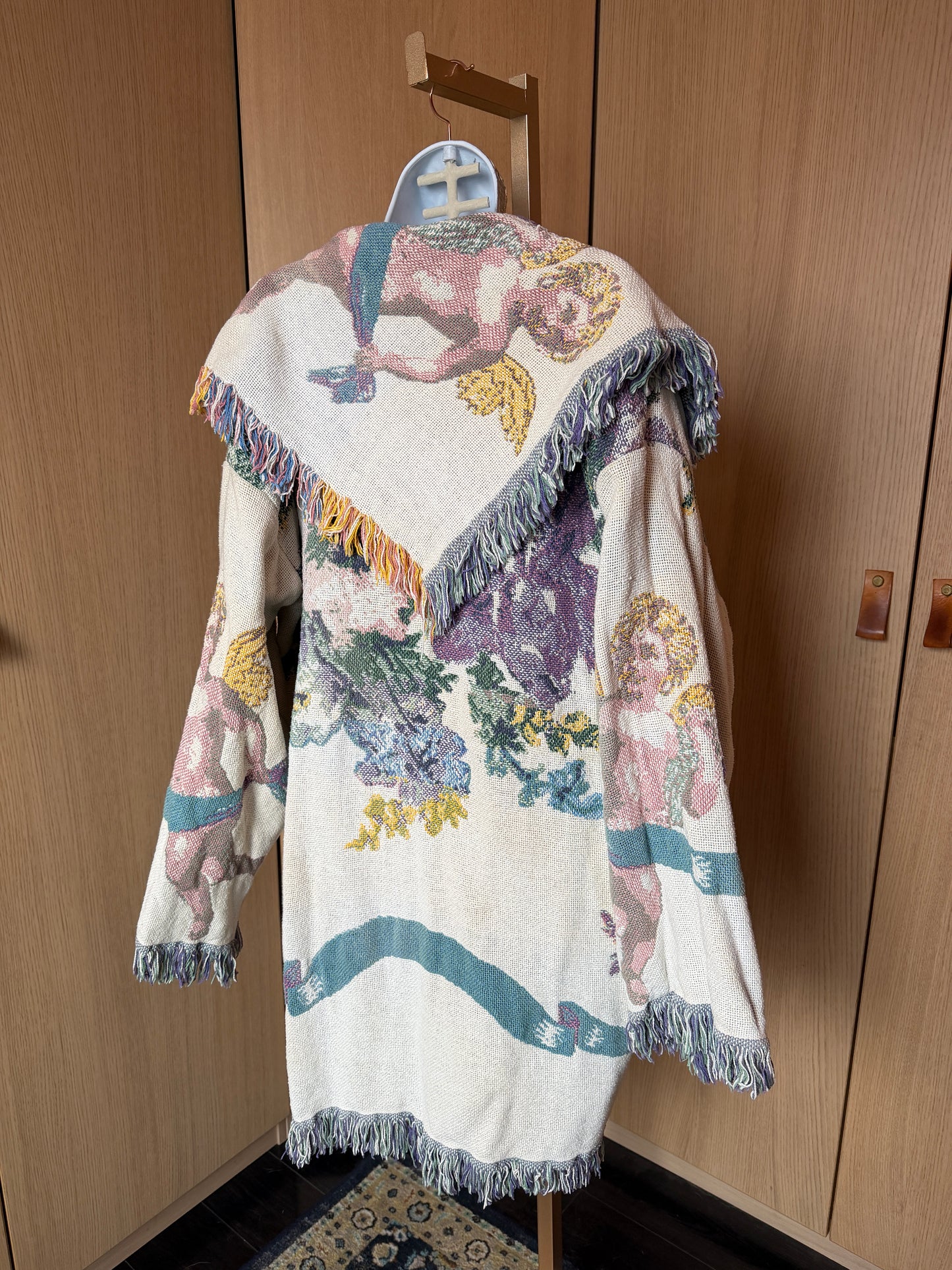 All In The Bag (L) 🎨🌙🪽🧶 vintage mid 80's early 90's cherub fringe hooded festival blanket trench coat extra long cardigan, white, cream, purple, green (factory tag: n/a)