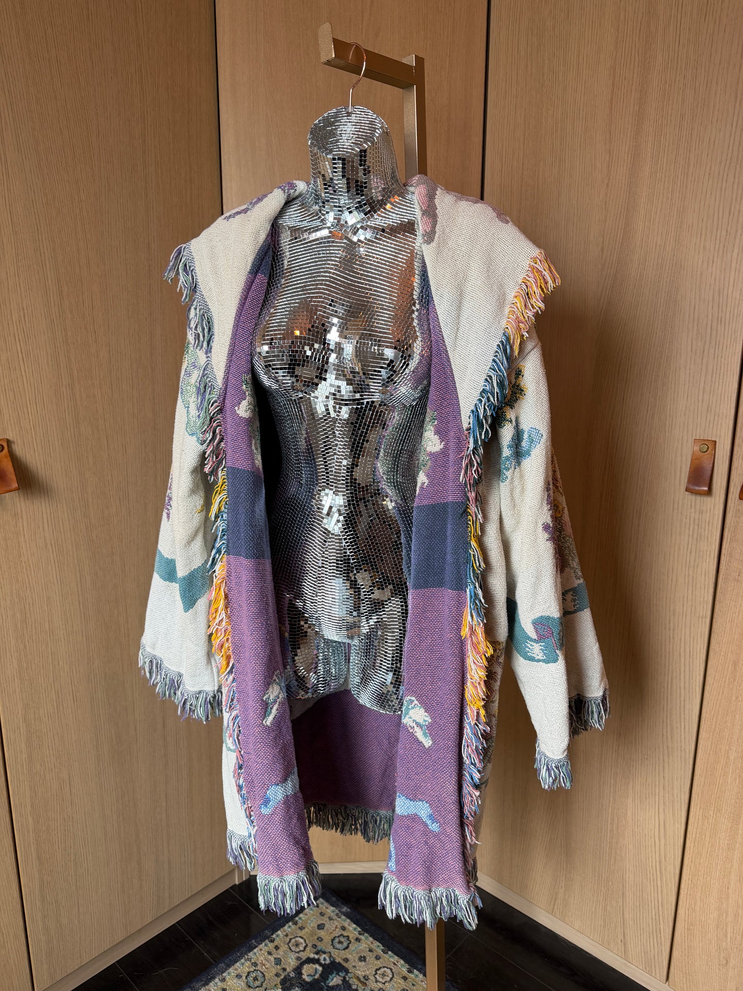 All In The Bag (L) 🎨🌙🪽🧶 vintage mid 80's early 90's cherub fringe hooded festival blanket trench coat extra long cardigan, white, cream, purple, green (factory tag: n/a)