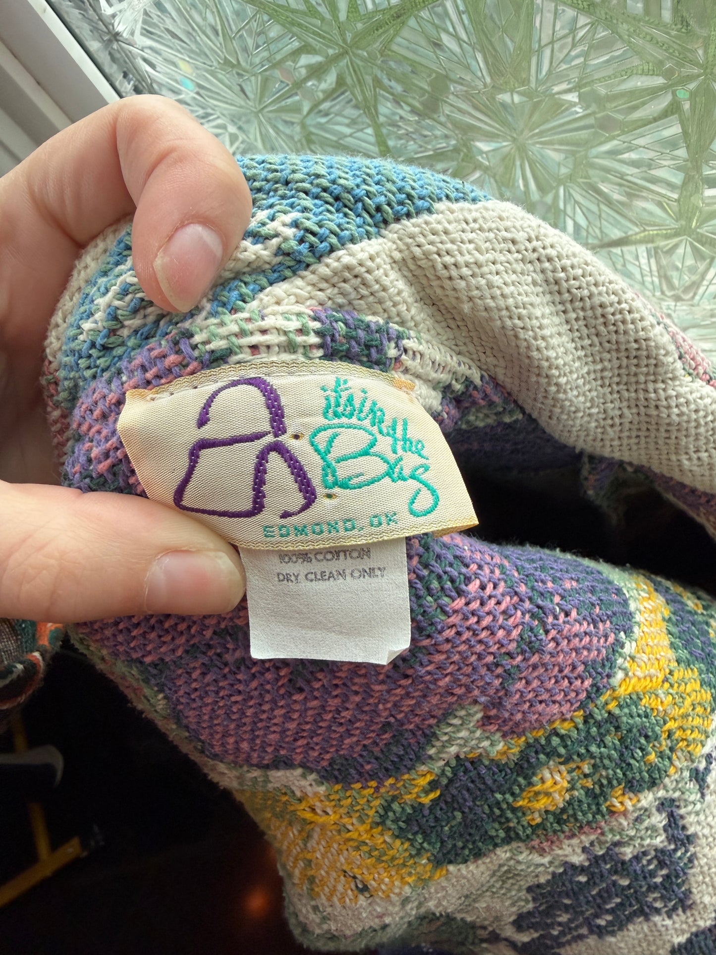 All In The Bag (L) 🎨🌙🪽🧶 vintage mid 80's early 90's cherub fringe hooded festival blanket trench coat extra long cardigan, white, cream, purple, green (factory tag: n/a)