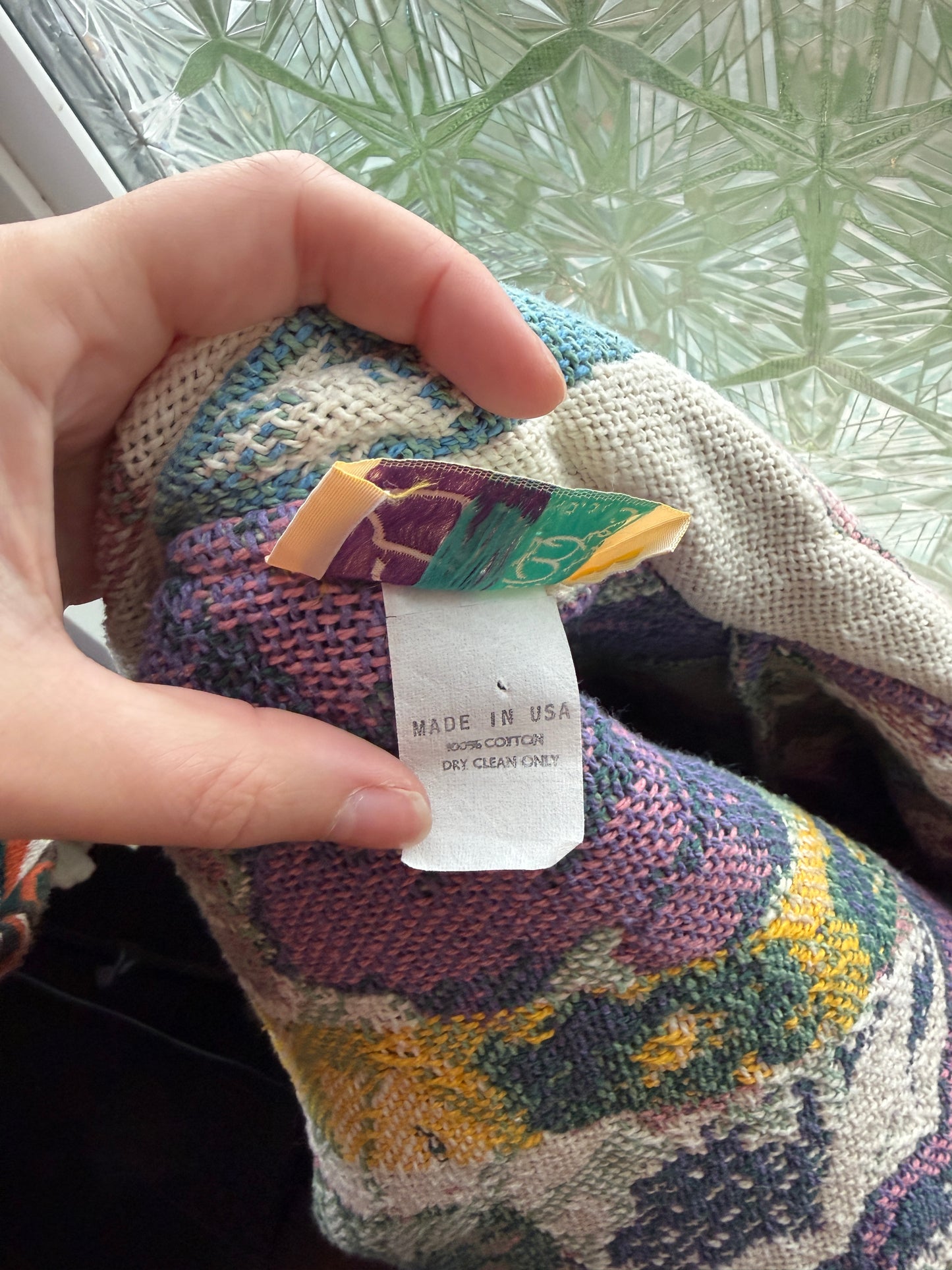 All In The Bag (L) 🎨🌙🪽🧶 vintage mid 80's early 90's cherub fringe hooded festival blanket trench coat extra long cardigan, white, cream, purple, green (factory tag: n/a)