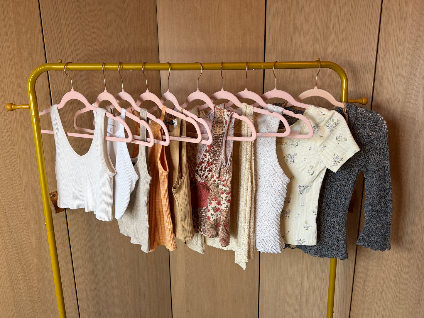 Full-Bag Value Bundle (S) 🍯🌼📀🌞 soft-girl fairycore cottagecore spring basic crop tops, tanks, and light sheer knit sweater white, beige, cream, orange, brown