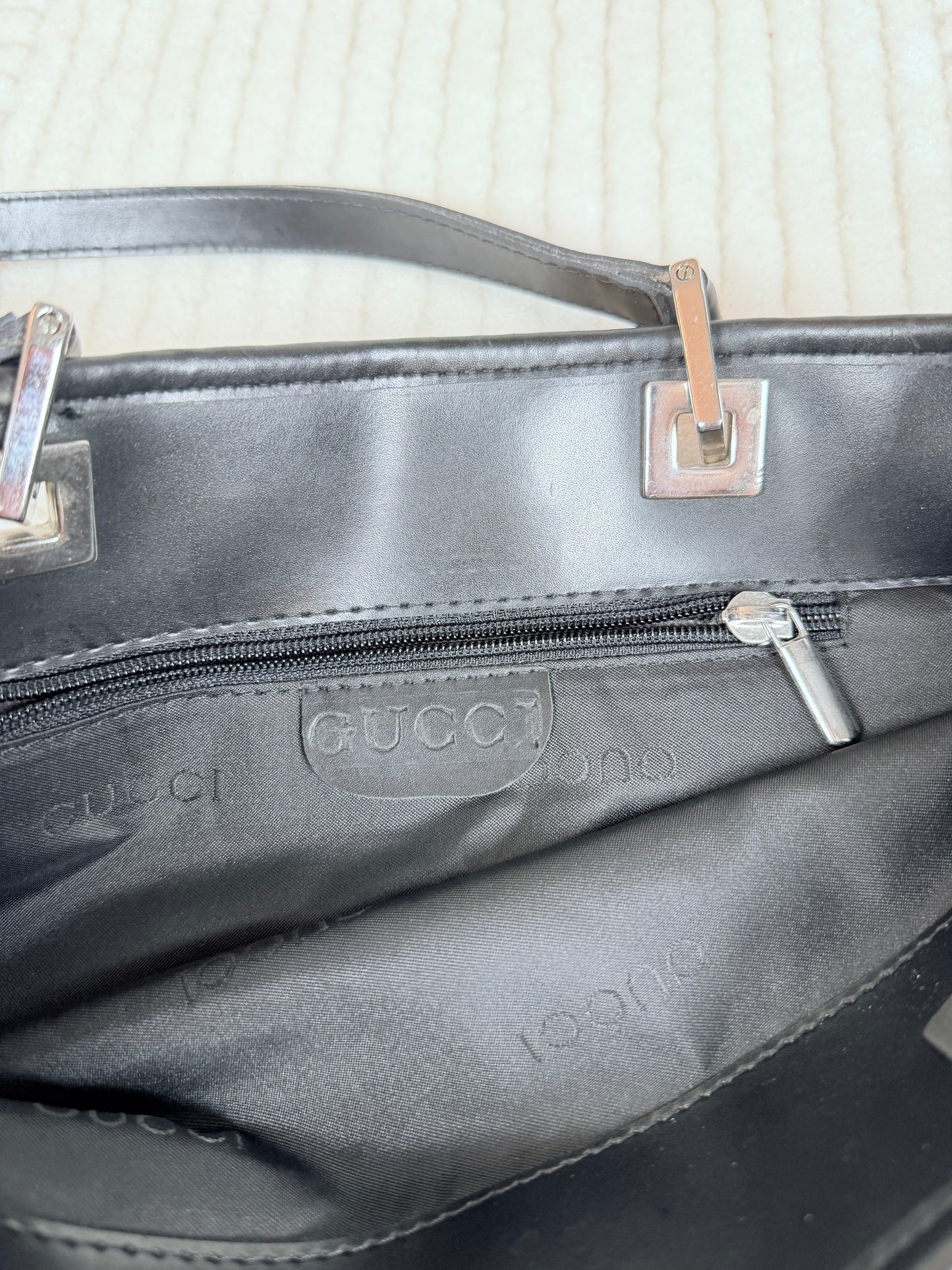 DOUPE Gucci Tote (n/a) 🖤👜🌑🕶️  business siren sexy sleek work black bag with silver hardware and leather accents