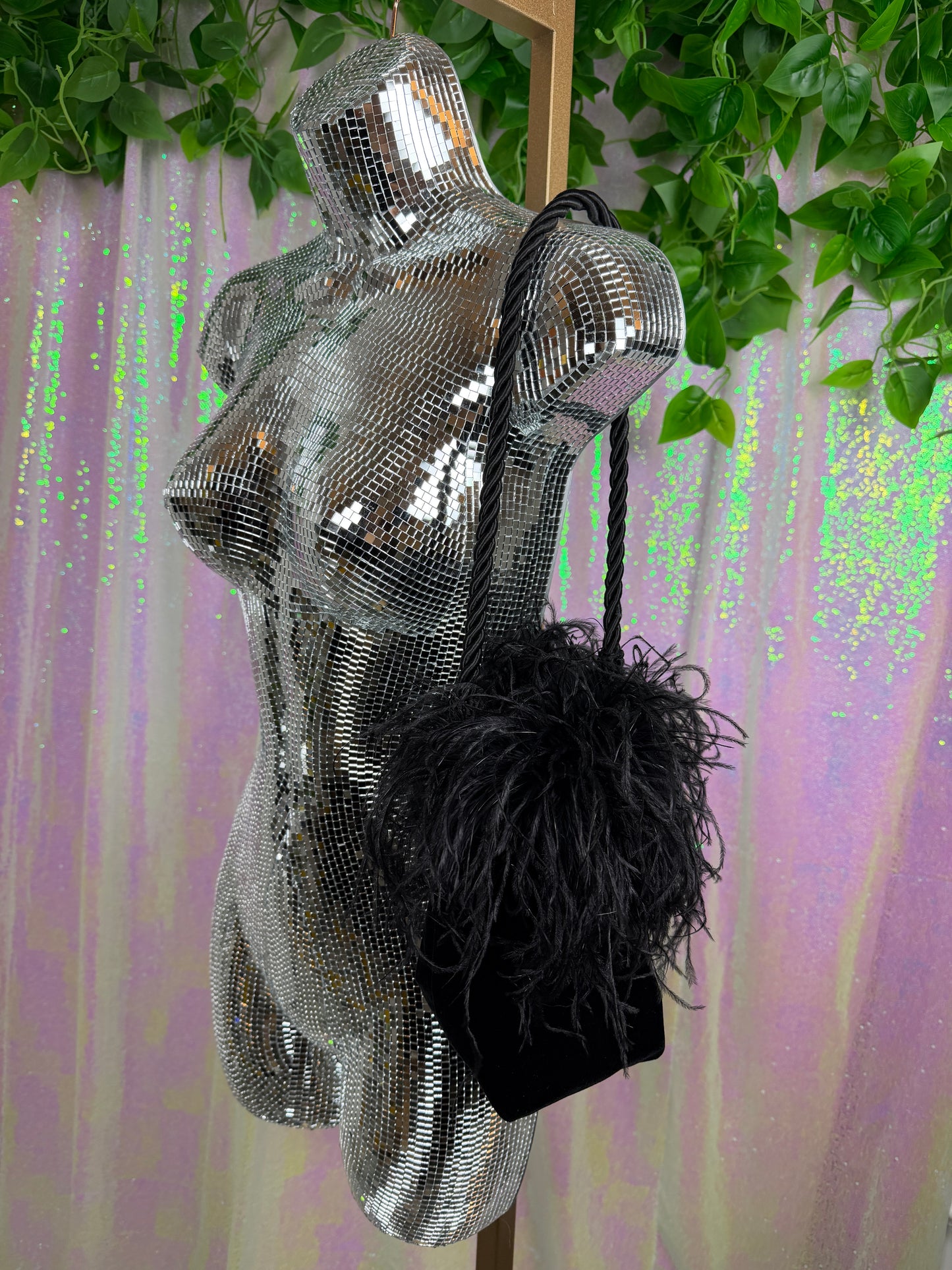 Sheryl McDonald velvet feather mini bag 🖤🕶️🪩👜 noir gothic glam y2k extra luxe statement funky fun bag