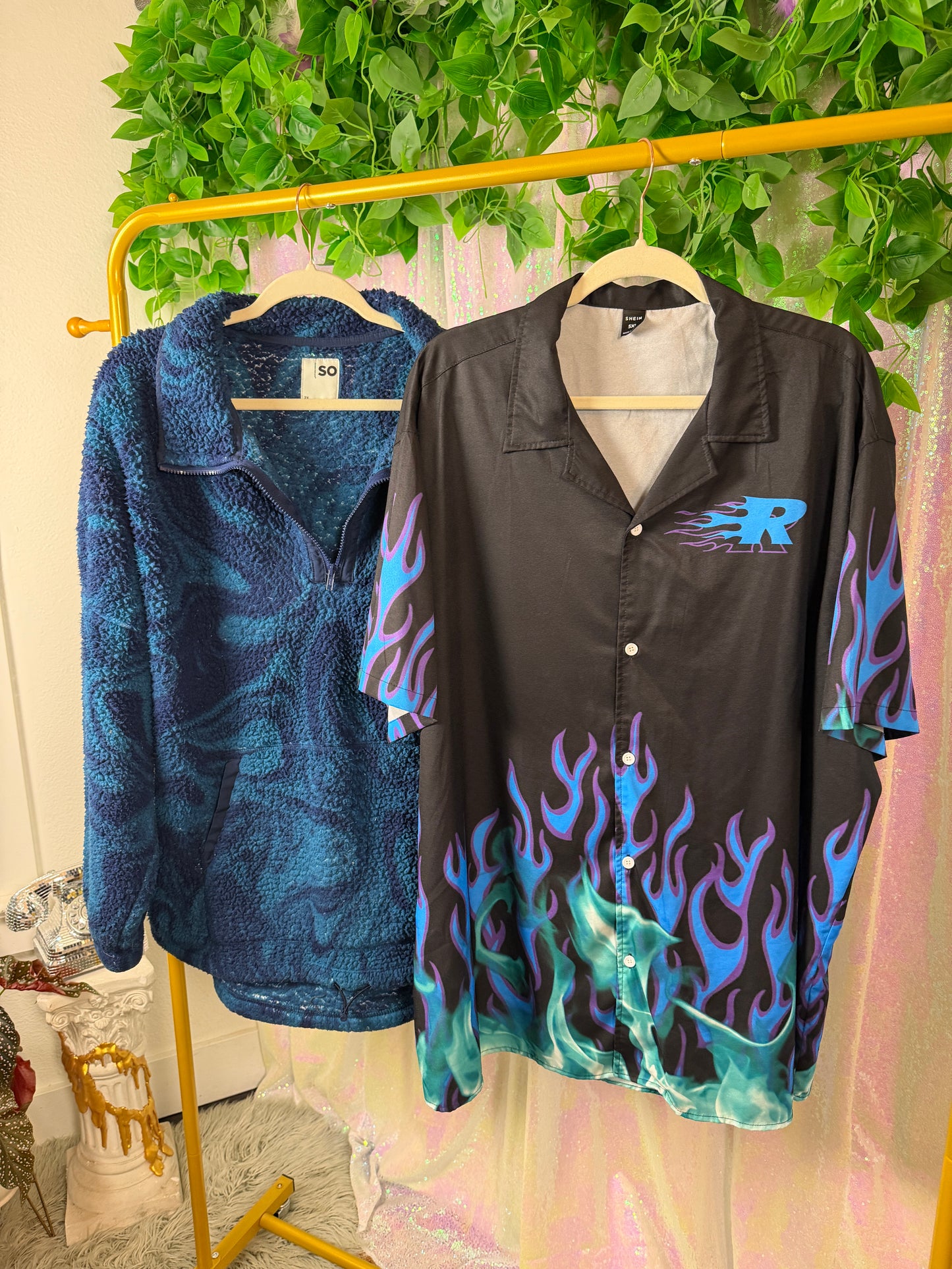 Full-Bag Value Bundle (XL+) 💙🌀🌊🧊 electric blue swirl fleece, black and blue Guy Fieri flame button down raver (factory tagged: