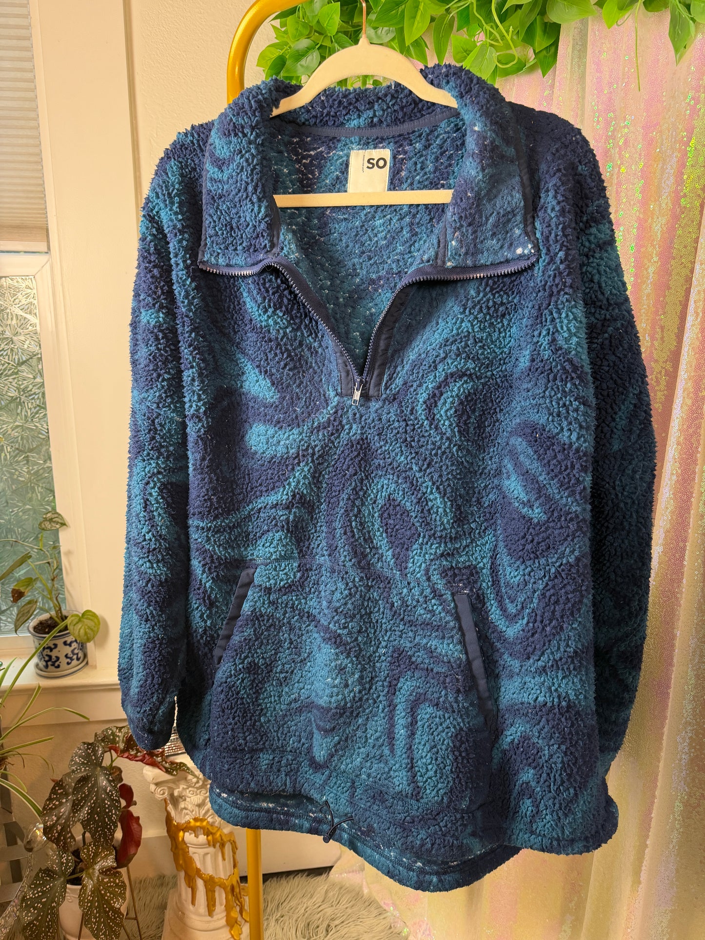 Full-Bag Value Bundle (XL+) 💙🌀🌊🧊 electric blue swirl fleece, black and blue Guy Fieri flame button down raver (factory tagged: