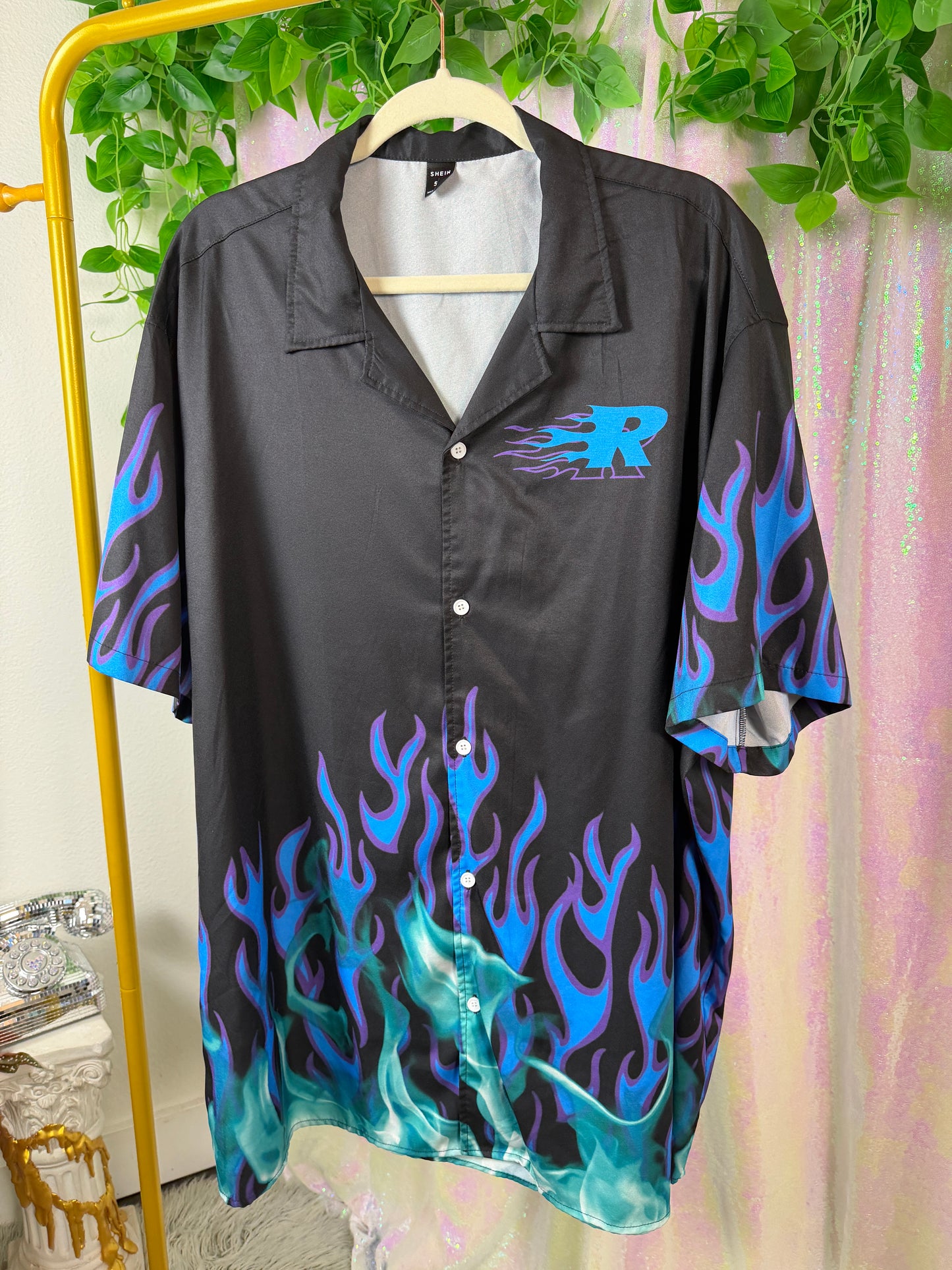 Full-Bag Value Bundle (XL+) 💙🌀🌊🧊 electric blue swirl fleece, black and blue Guy Fieri flame button down raver (factory tagged: