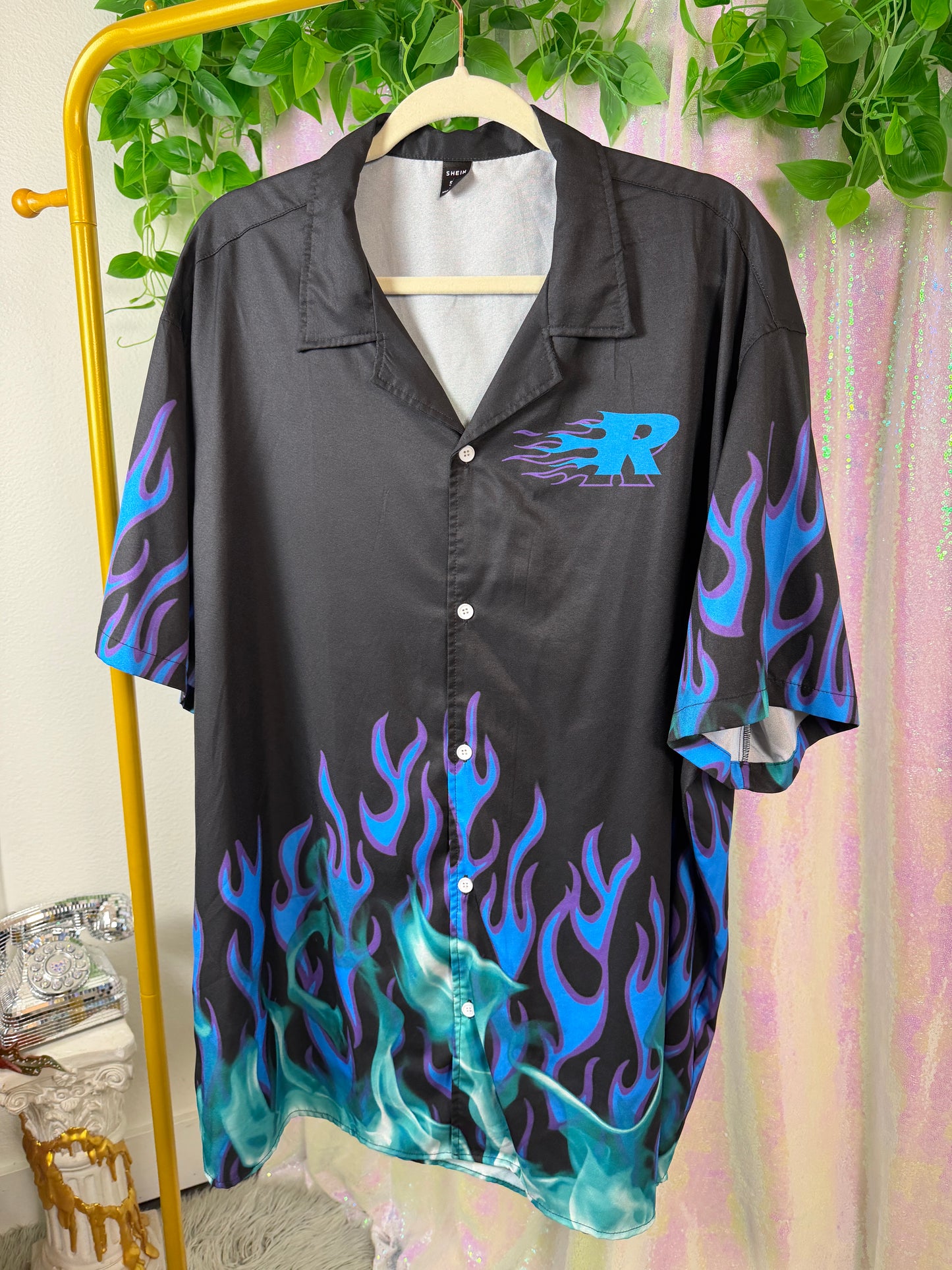 Full-Bag Value Bundle (XL+) 💙🌀🌊🧊 electric blue swirl fleece, black and blue Guy Fieri flame button down raver (factory tagged: