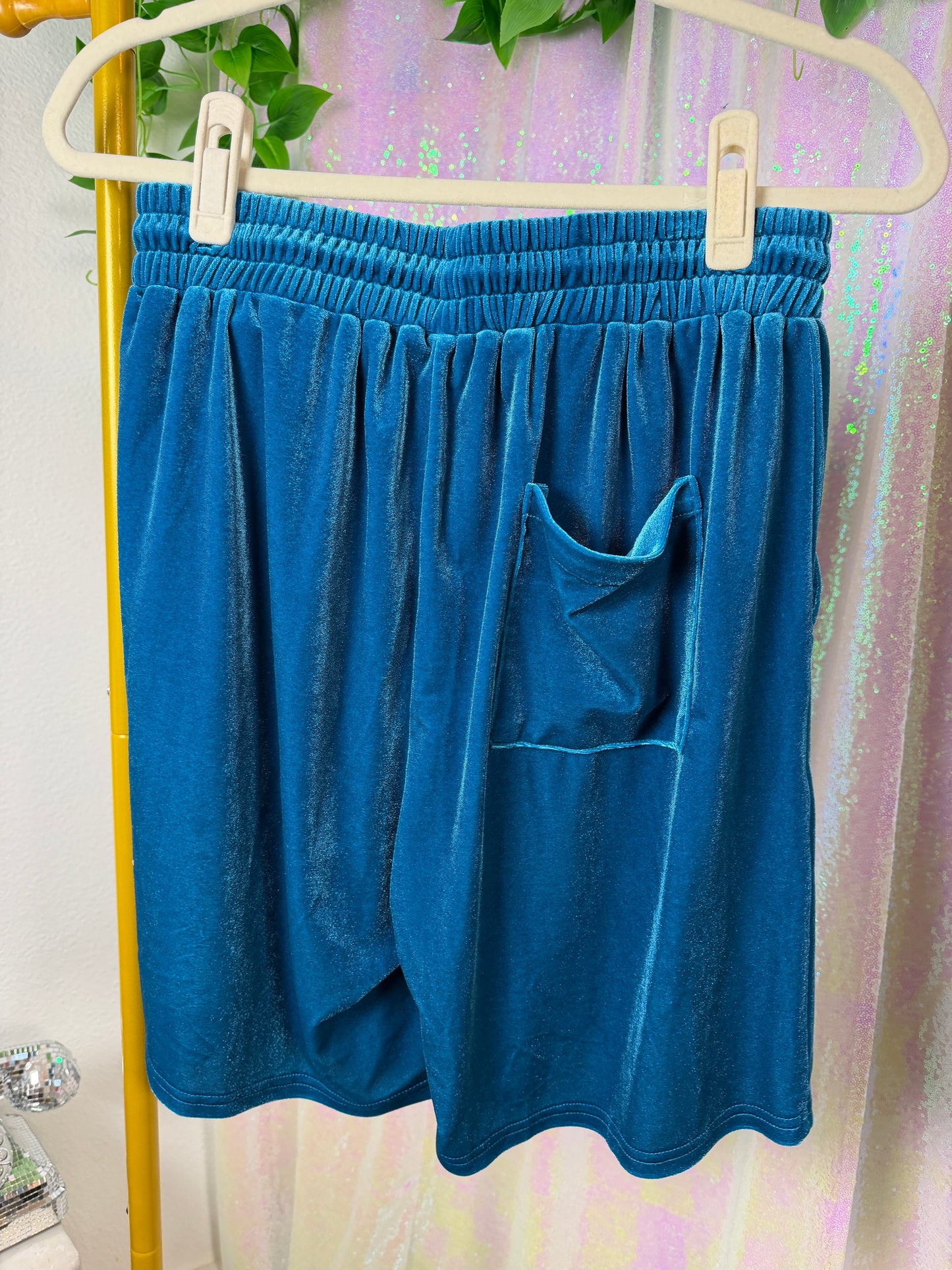 Half-Bag Value Bundle (M) 💙🌼🌺🪩 electric blue velvet oasis disco dude festival raver t-shirt button down with matching shorts set, floral yellow and red flowers and green leaves funky part button down