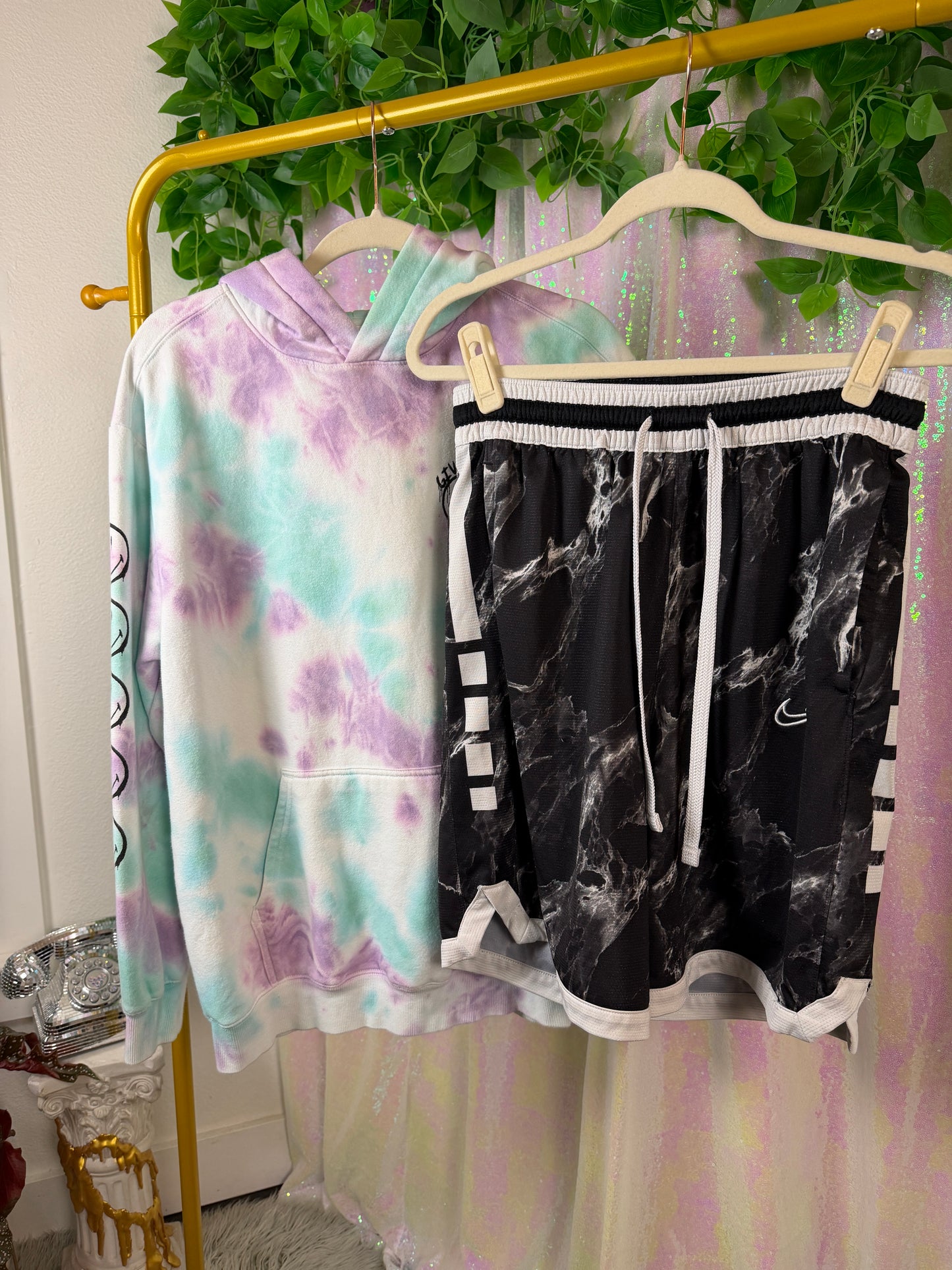 Full-Bag Value Bundle (S) 🌀🏁🎧💜 comfy cozy festival camper set with white purple and blue tie dye smiley sweatshirt and black marble nike athletic basketball shorts (factory tagged: S)