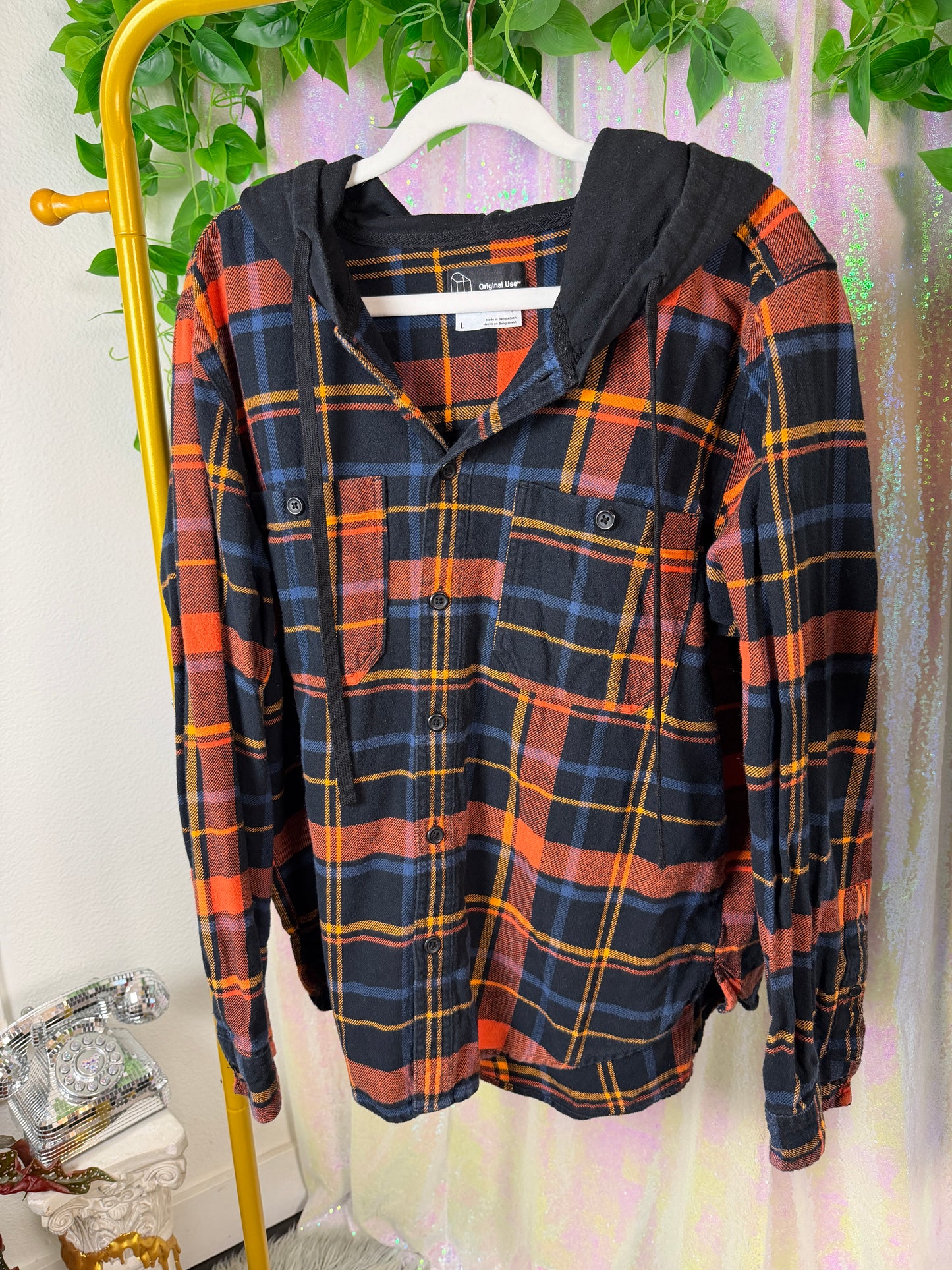 Full-Bag Value Bundle (L) 🖤🔥🪩🌙 local dive bar smoke section hero trio, orange and black flannel hoodie, black bandana long sleeve button down, & black & cream funky button down t-shirt (factory tagged: L)