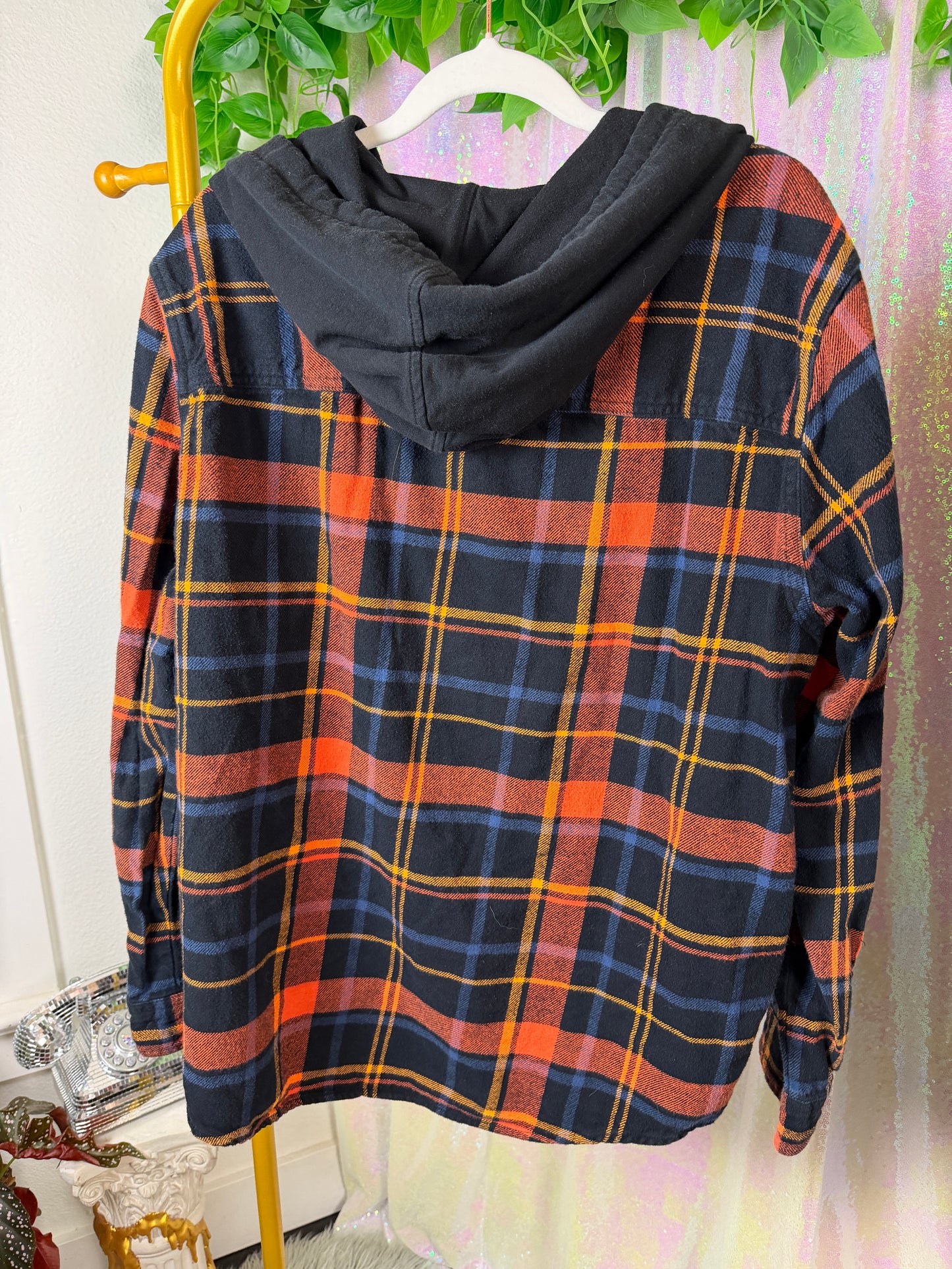 Full-Bag Value Bundle (L) 🖤🔥🪩🌙 local dive bar smoke section hero trio, orange and black flannel hoodie, black bandana long sleeve button down, & black & cream funky button down t-shirt (factory tagged: L)