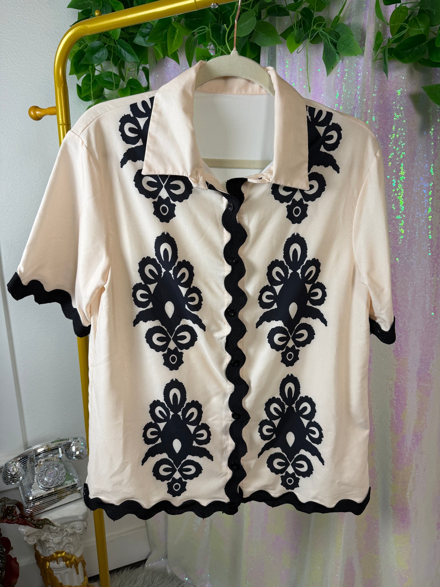 Full-Bag Value Bundle (L) 🖤🔥🪩🌙 local dive bar smoke section hero trio, orange and black flannel hoodie, black bandana long sleeve button down, & black & cream funky button down t-shirt (factory tagged: L)