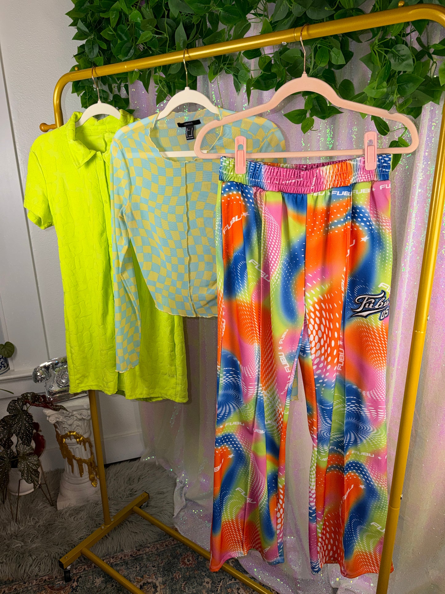 Full-Bag Value Bundle (M) 🌈🌀🍋🪩 neon green and rainbow ravers mirage festival swirl funky party set terry cloth button down romper, warped checkered mesh top, and festival acid sweatpants (factory tagged: M)