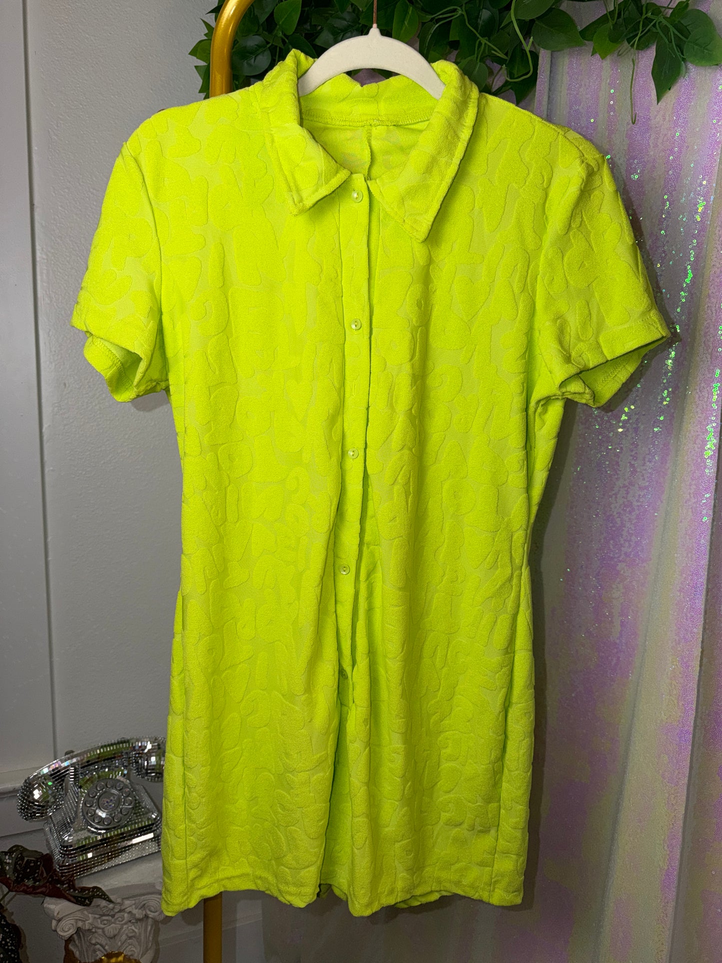 Full-Bag Value Bundle (M) 🌈🌀🍋🪩 neon green and rainbow ravers mirage festival swirl funky party set terry cloth button down romper, warped checkered mesh top, and festival acid sweatpants (factory tagged: M)