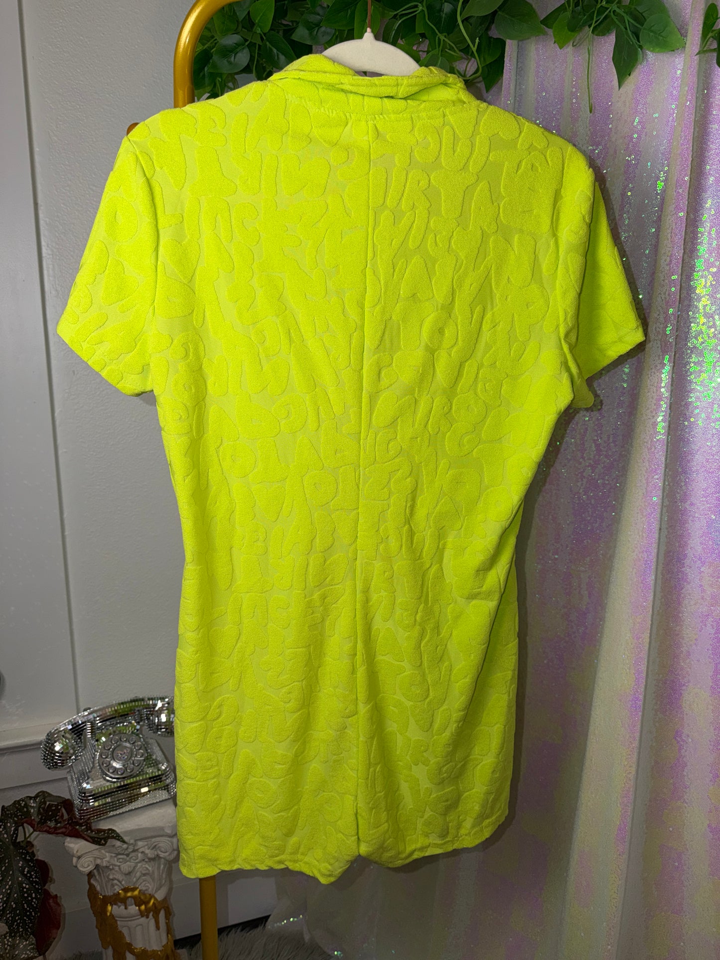 Full-Bag Value Bundle (M) 🌈🌀🍋🪩 neon green and rainbow ravers mirage festival swirl funky party set terry cloth button down romper, warped checkered mesh top, and festival acid sweatpants (factory tagged: M)