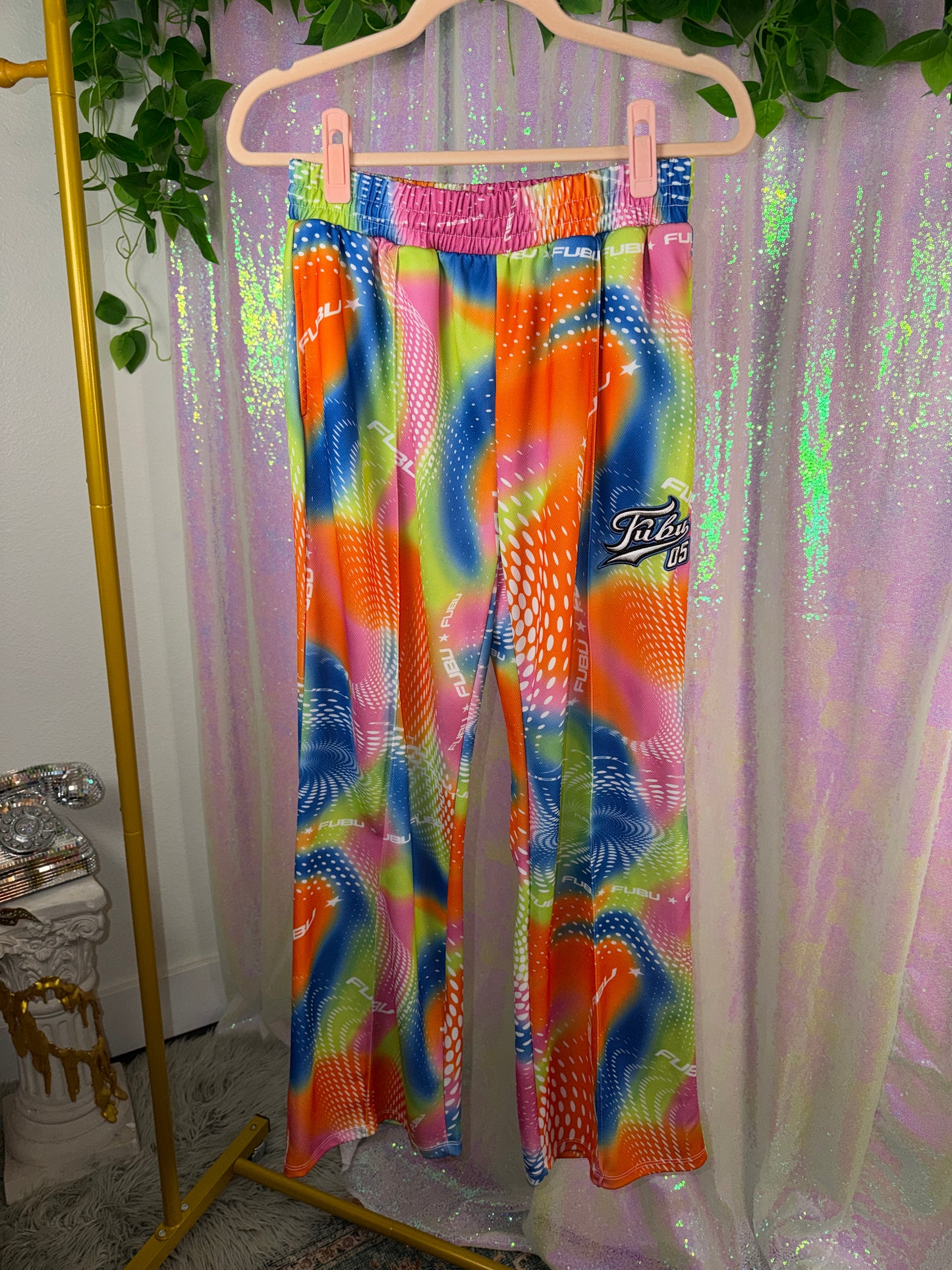 Full-Bag Value Bundle (M) 🌈🌀🍋🪩 neon green and rainbow ravers mirage festival swirl funky party set terry cloth button down romper, warped checkered mesh top, and festival acid sweatpants (factory tagged: M)