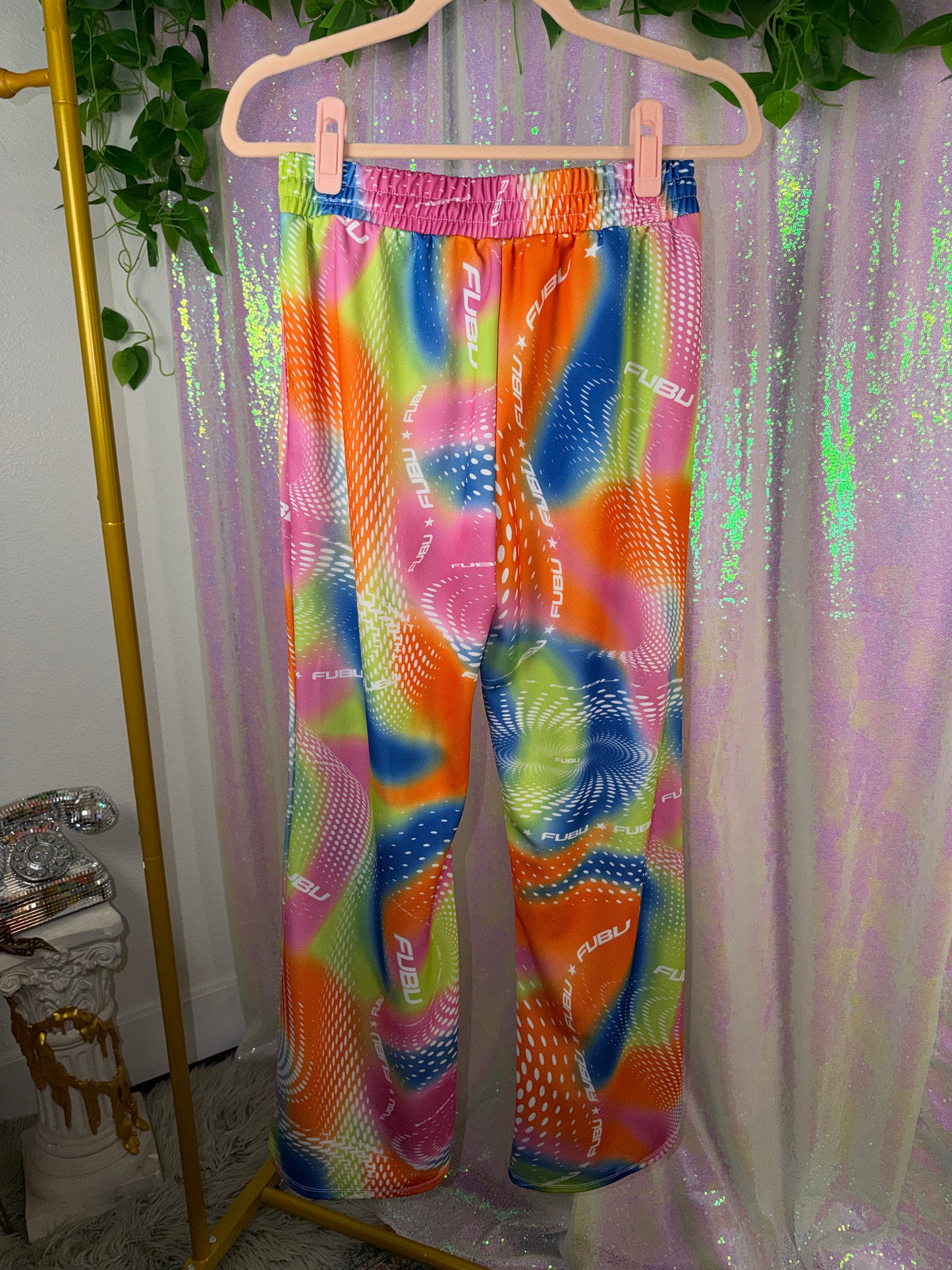 Full-Bag Value Bundle (M) 🌈🌀🍋🪩 neon green and rainbow ravers mirage festival swirl funky party set terry cloth button down romper, warped checkered mesh top, and festival acid sweatpants (factory tagged: M)