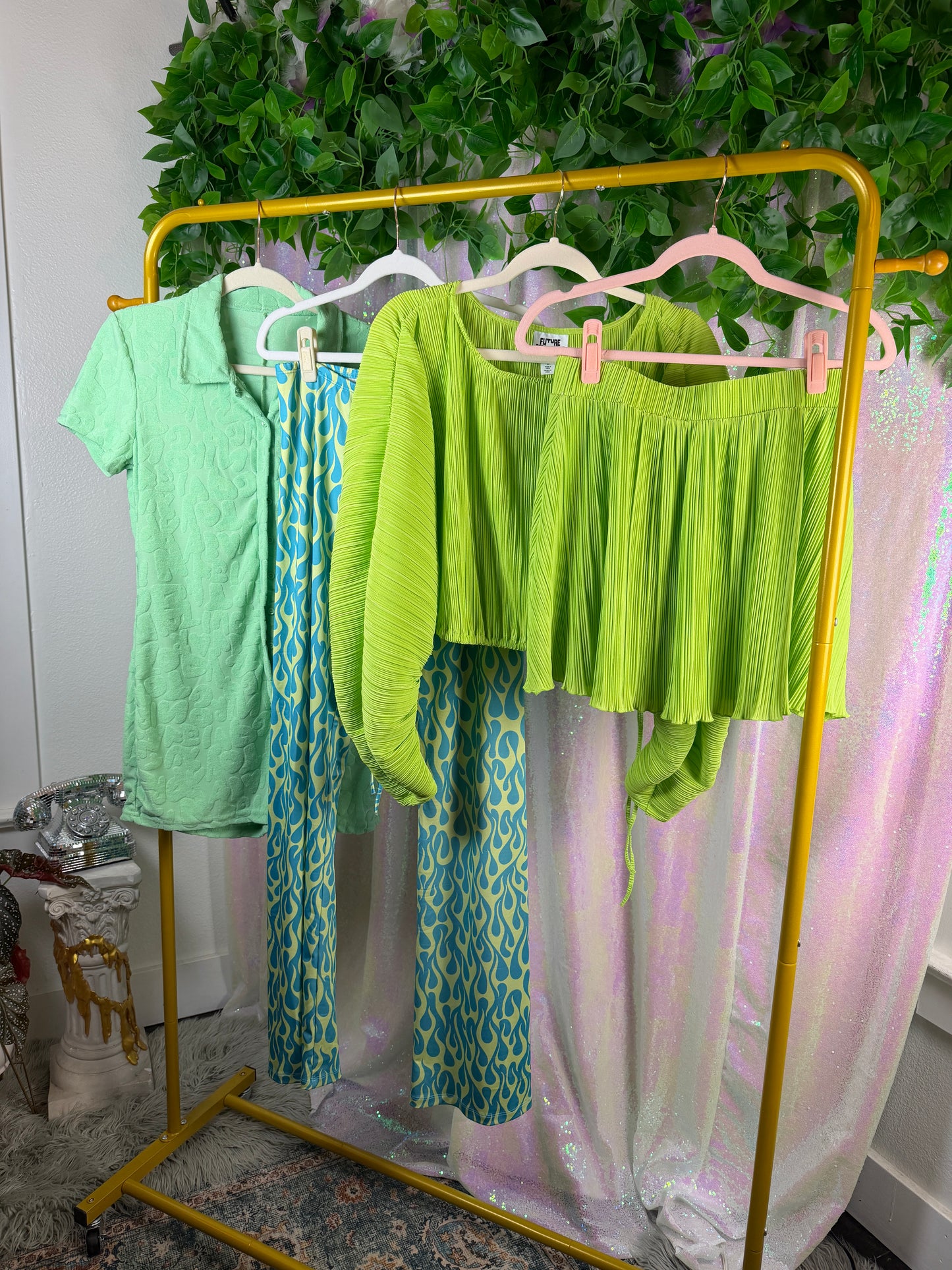Full-Bag Value Bundle (S) 🌿🍏🌴🧩 brat summer neon green festival raver stretch combo pack green terry cloth romper, green flame flare pants with waist ties, pleated skirt and long sleeve set (factory tagged: S)