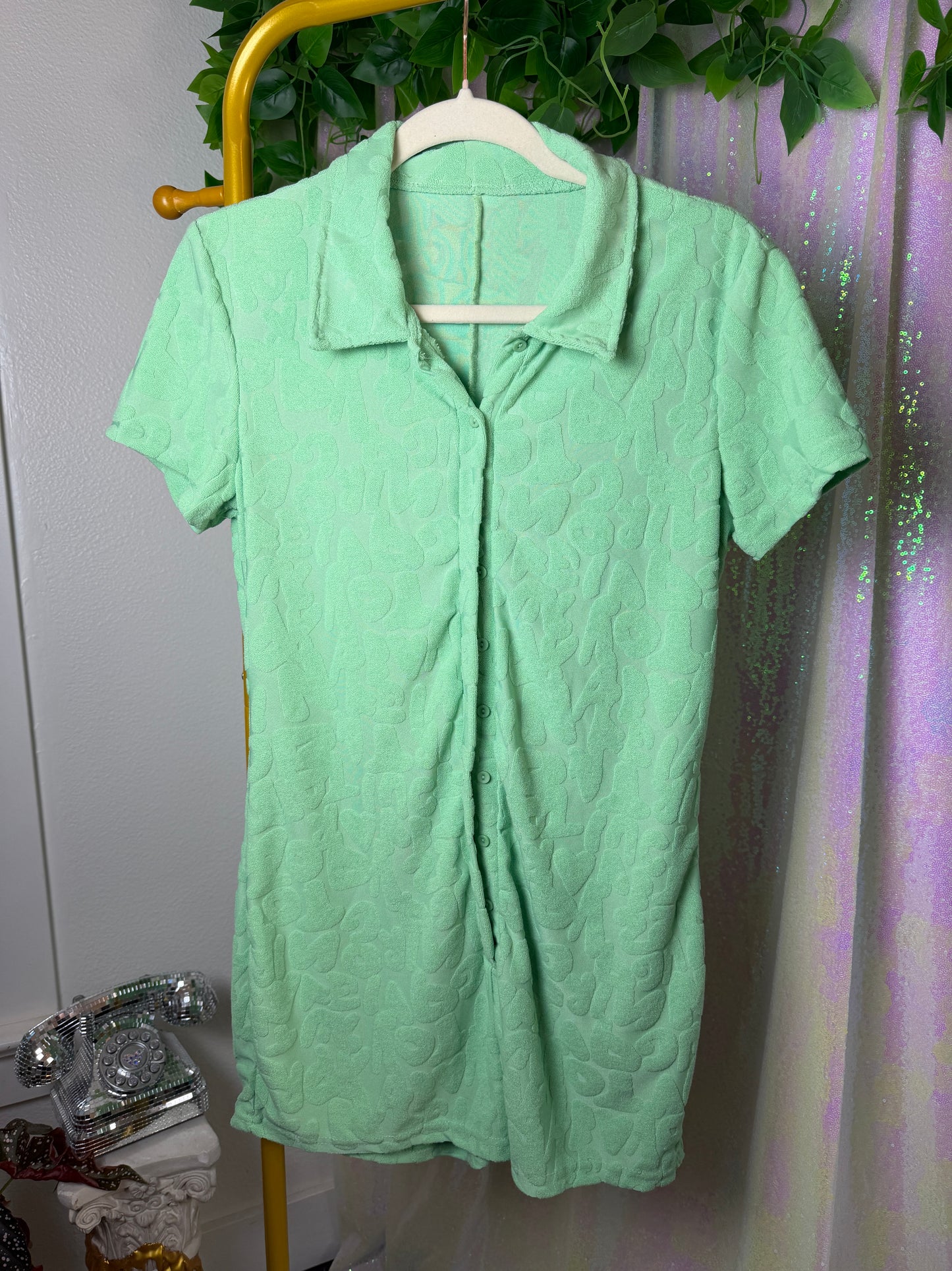 Full-Bag Value Bundle (S) 🌿🍏🌴🧩 brat summer neon green festival raver stretch combo pack green terry cloth romper, green flame flare pants with waist ties, pleated skirt and long sleeve set (factory tagged: S)