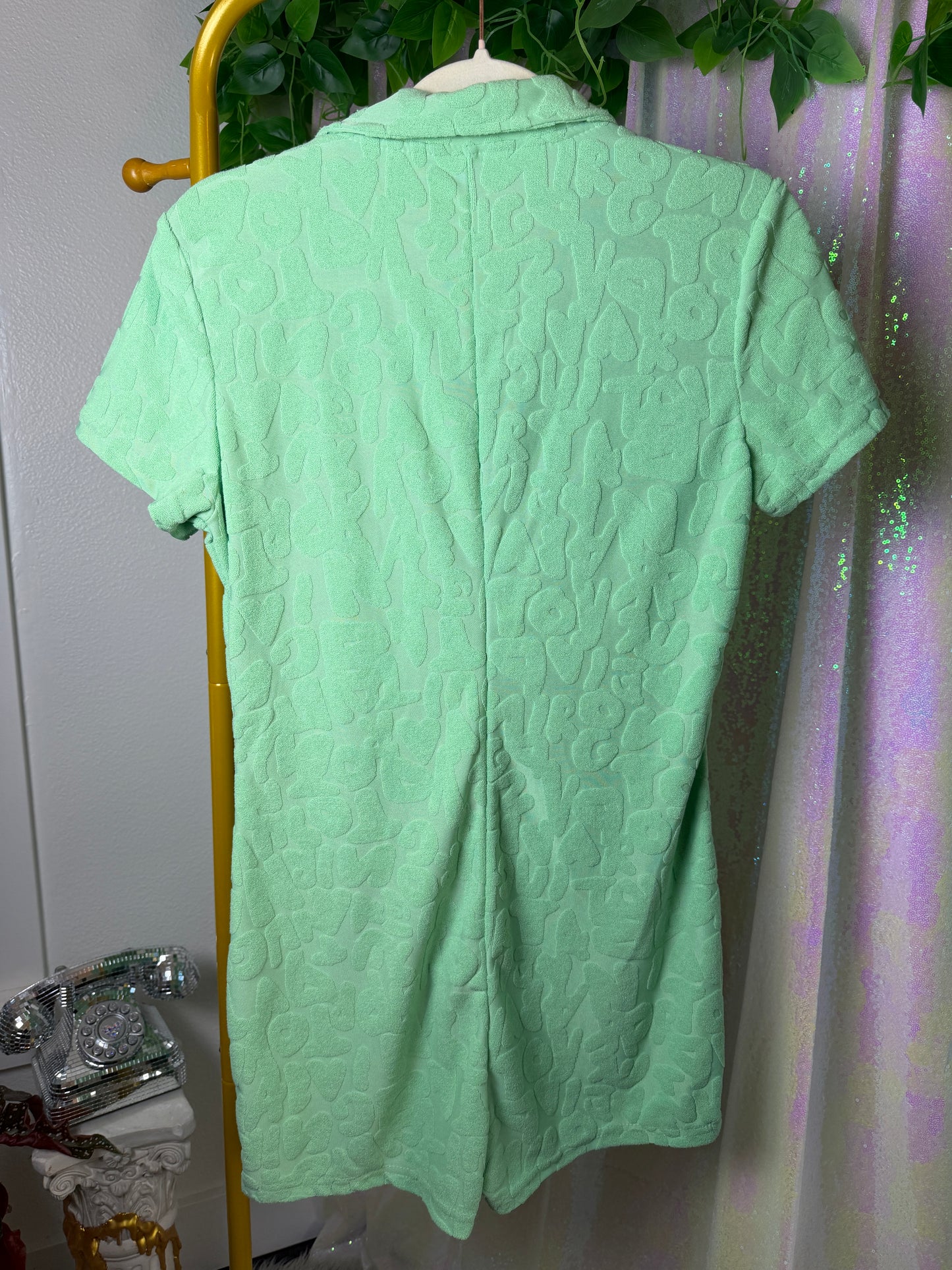 Full-Bag Value Bundle (S) 🌿🍏🌴🧩 brat summer neon green festival raver stretch combo pack green terry cloth romper, green flame flare pants with waist ties, pleated skirt and long sleeve set (factory tagged: S)