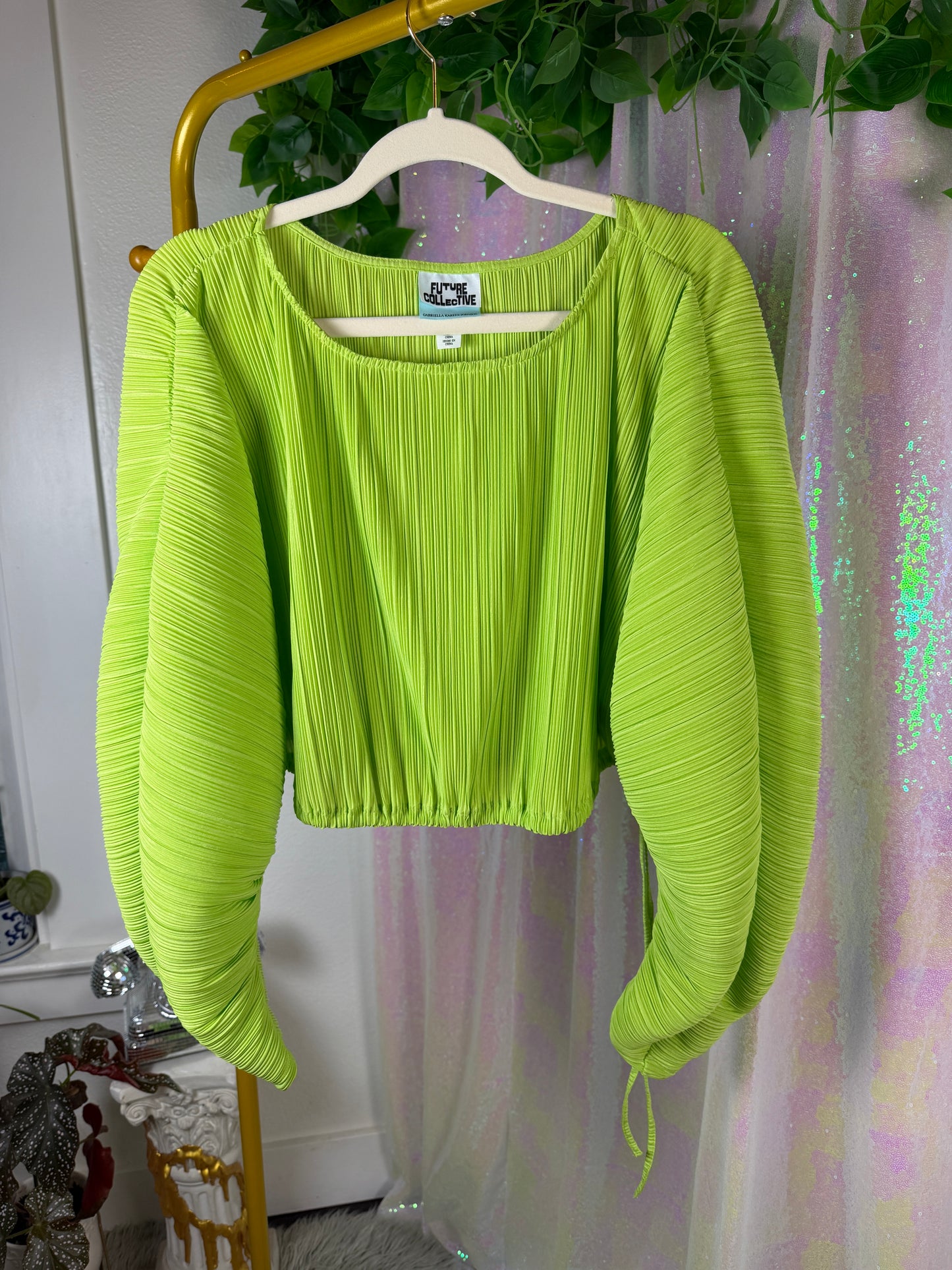 Full-Bag Value Bundle (S) 🌿🍏🌴🧩 brat summer neon green festival raver stretch combo pack green terry cloth romper, green flame flare pants with waist ties, pleated skirt and long sleeve set (factory tagged: S)