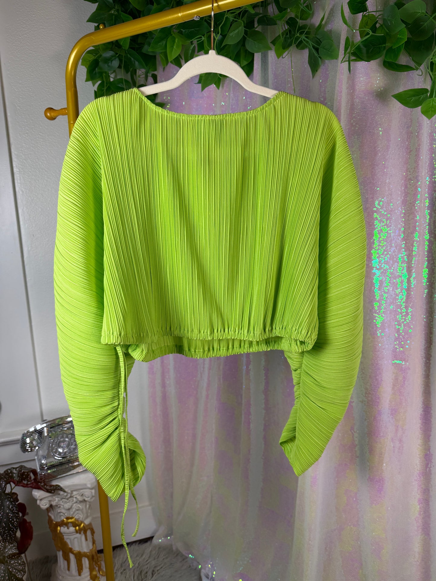 Full-Bag Value Bundle (S) 🌿🍏🌴🧩 brat summer neon green festival raver stretch combo pack green terry cloth romper, green flame flare pants with waist ties, pleated skirt and long sleeve set (factory tagged: S)