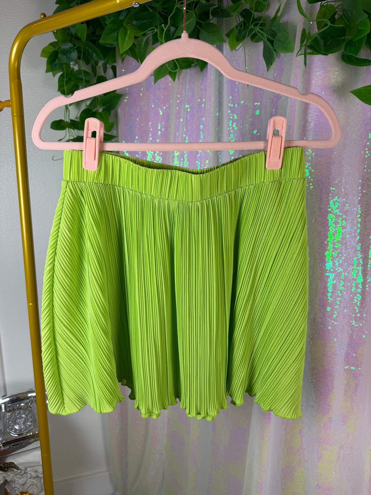 Full-Bag Value Bundle (S) 🌿🍏🌴🧩 brat summer neon green festival raver stretch combo pack green terry cloth romper, green flame flare pants with waist ties, pleated skirt and long sleeve set (factory tagged: S)