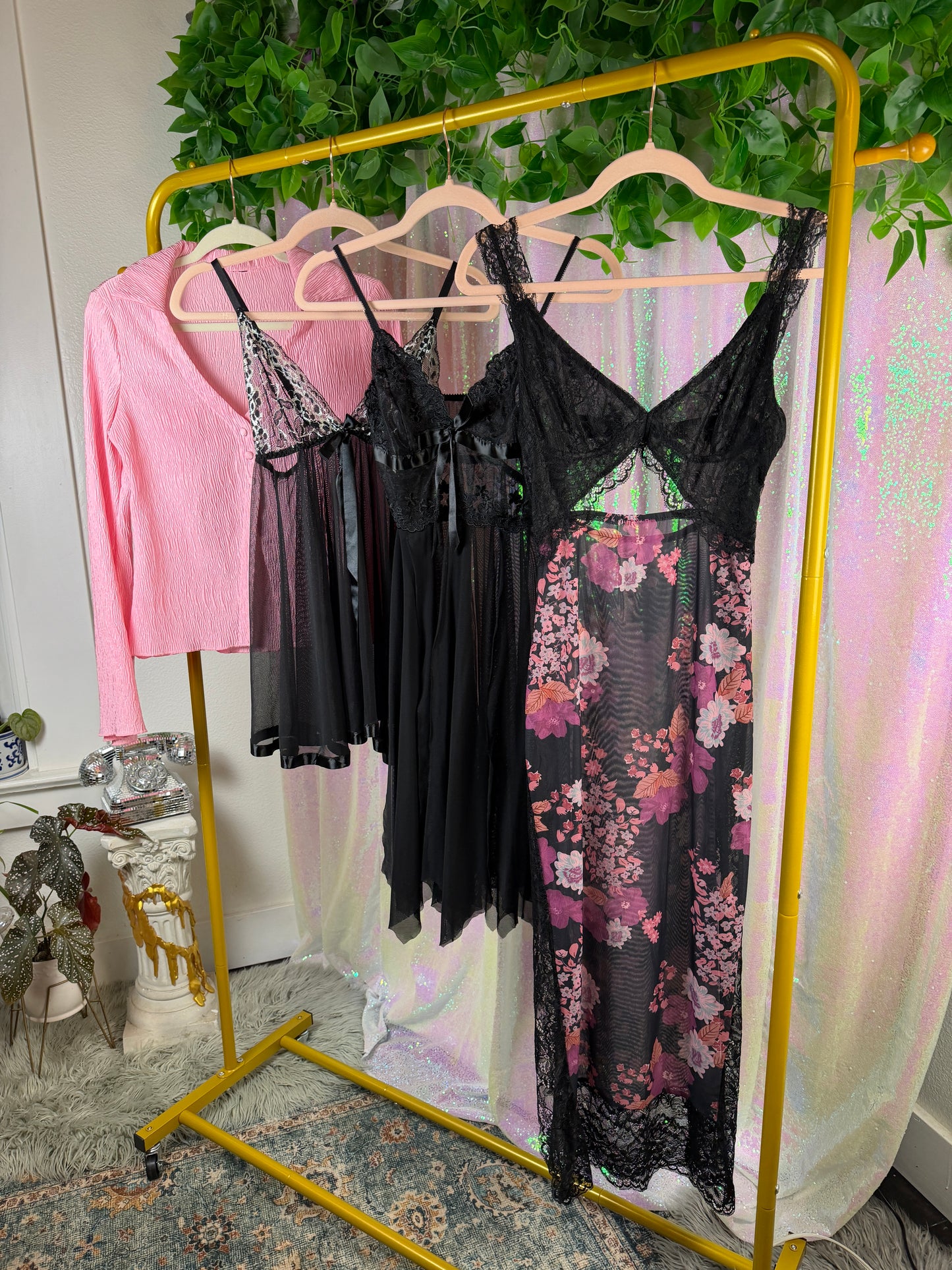 Half-Bag Value Bundle (M) 💗🎀🖤🌸 black pink and silver blush rose floral sheer mesh flowy goodness festival boho queen slips and flare crop button down blouse (factory tagged: M)
