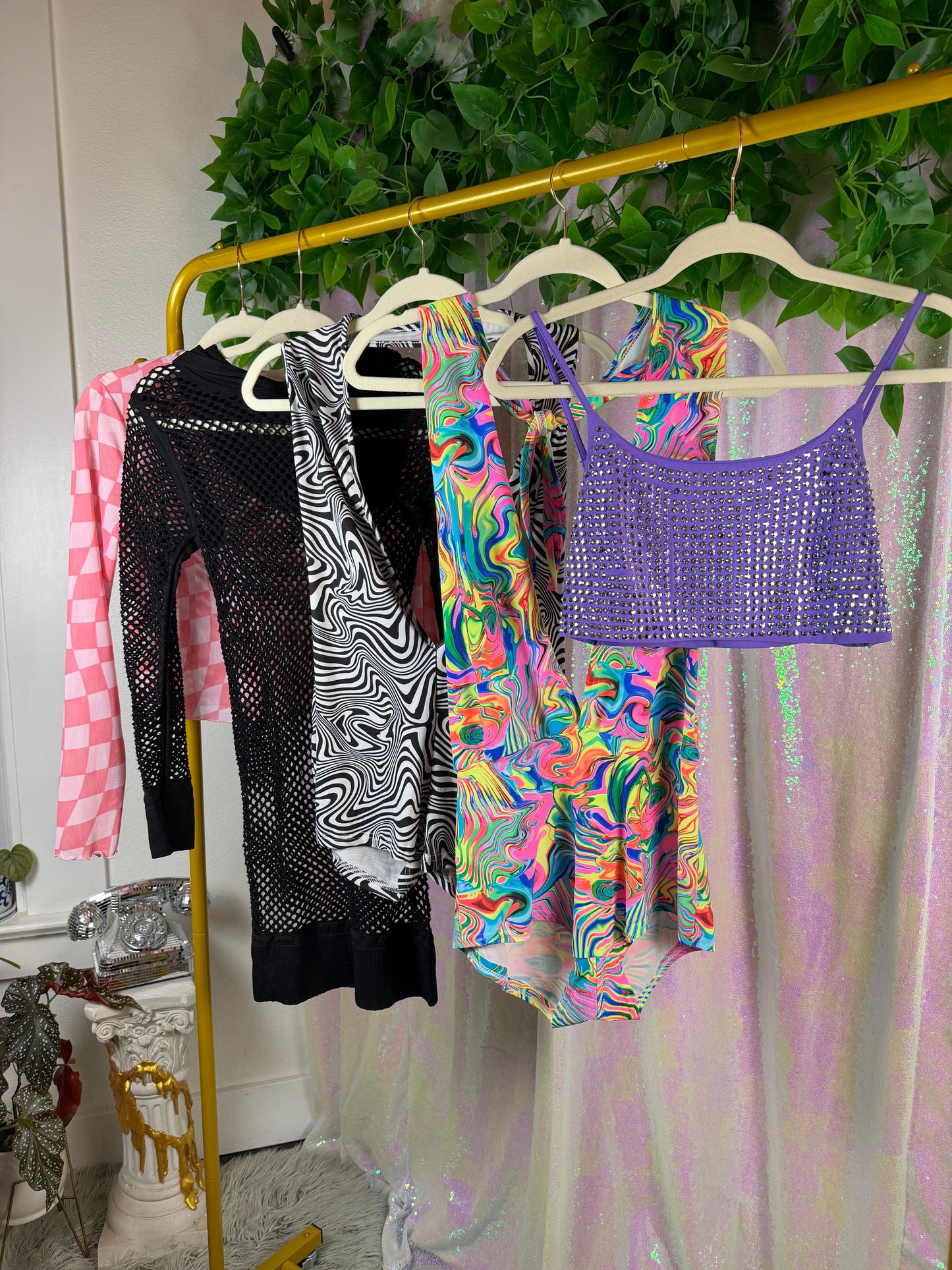 Half-Bag Value Bundle (M) 💖🌈🎶🔮 psychedelic rainbow, black & white trippy swirled rompers, black fishnet dress mesh checkered long sleeve shirt, purple and silver rhinestoned crop top sports bra (factory tagged: M)