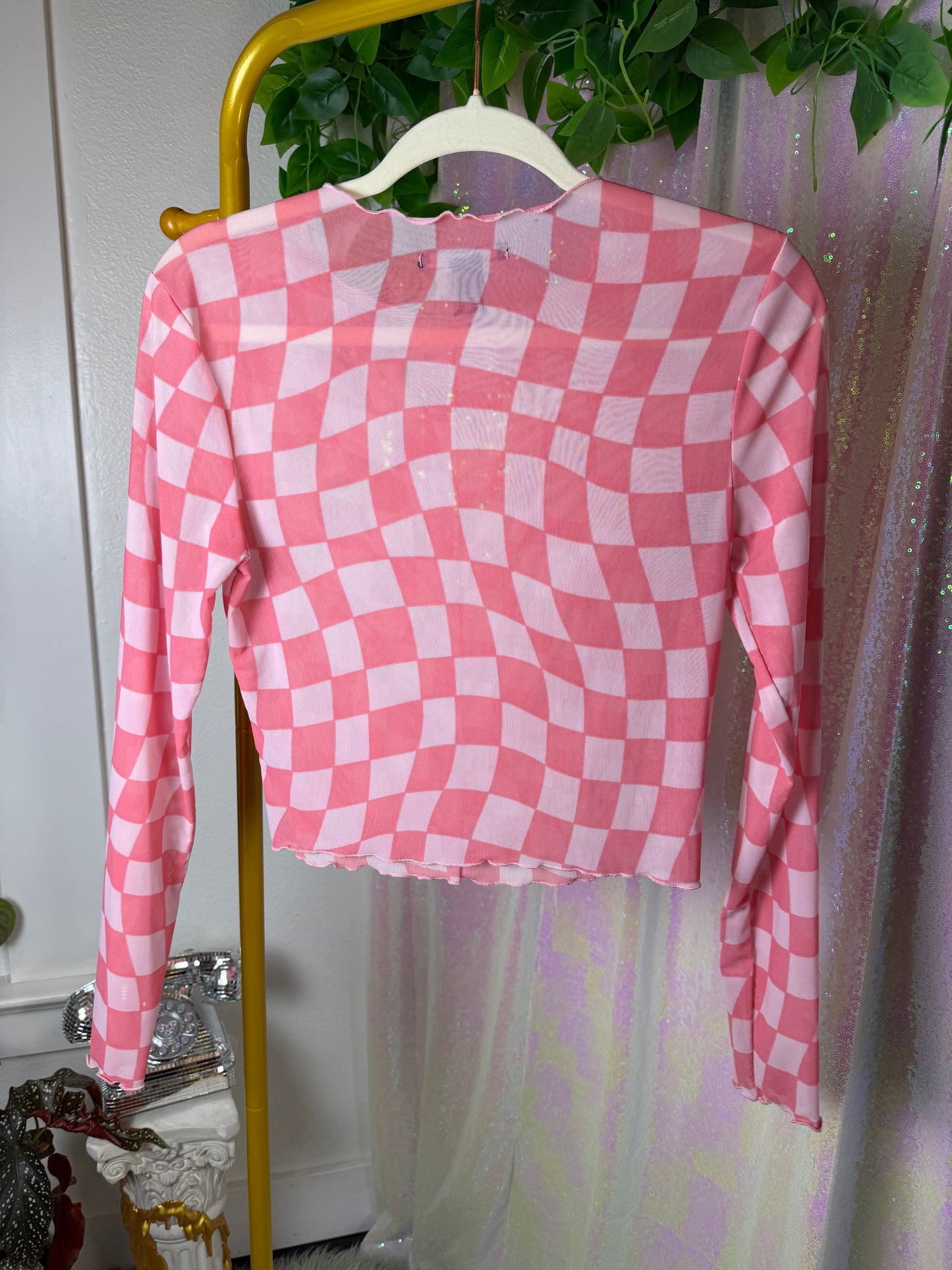 Half-Bag Value Bundle (M) 💖🌈🎶🔮 psychedelic rainbow, black & white trippy swirled rompers, black fishnet dress mesh checkered long sleeve shirt, purple and silver rhinestoned crop top sports bra (factory tagged: M)