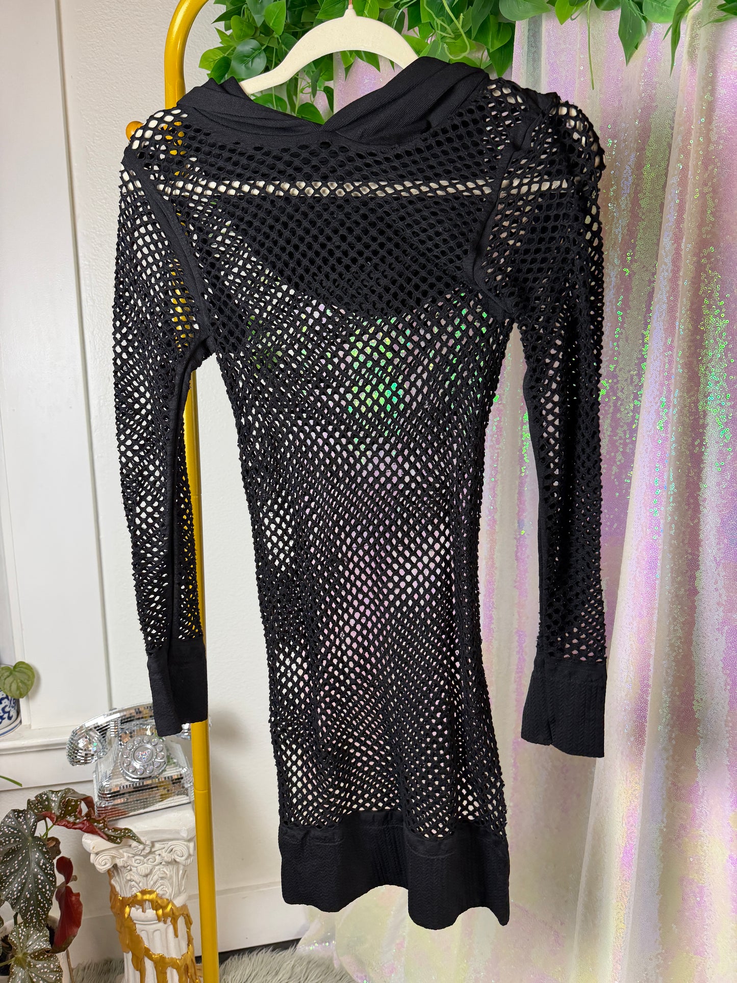 Half-Bag Value Bundle (M) 💖🌈🎶🔮 psychedelic rainbow, black & white trippy swirled rompers, black fishnet dress mesh checkered long sleeve shirt, purple and silver rhinestoned crop top sports bra (factory tagged: M)