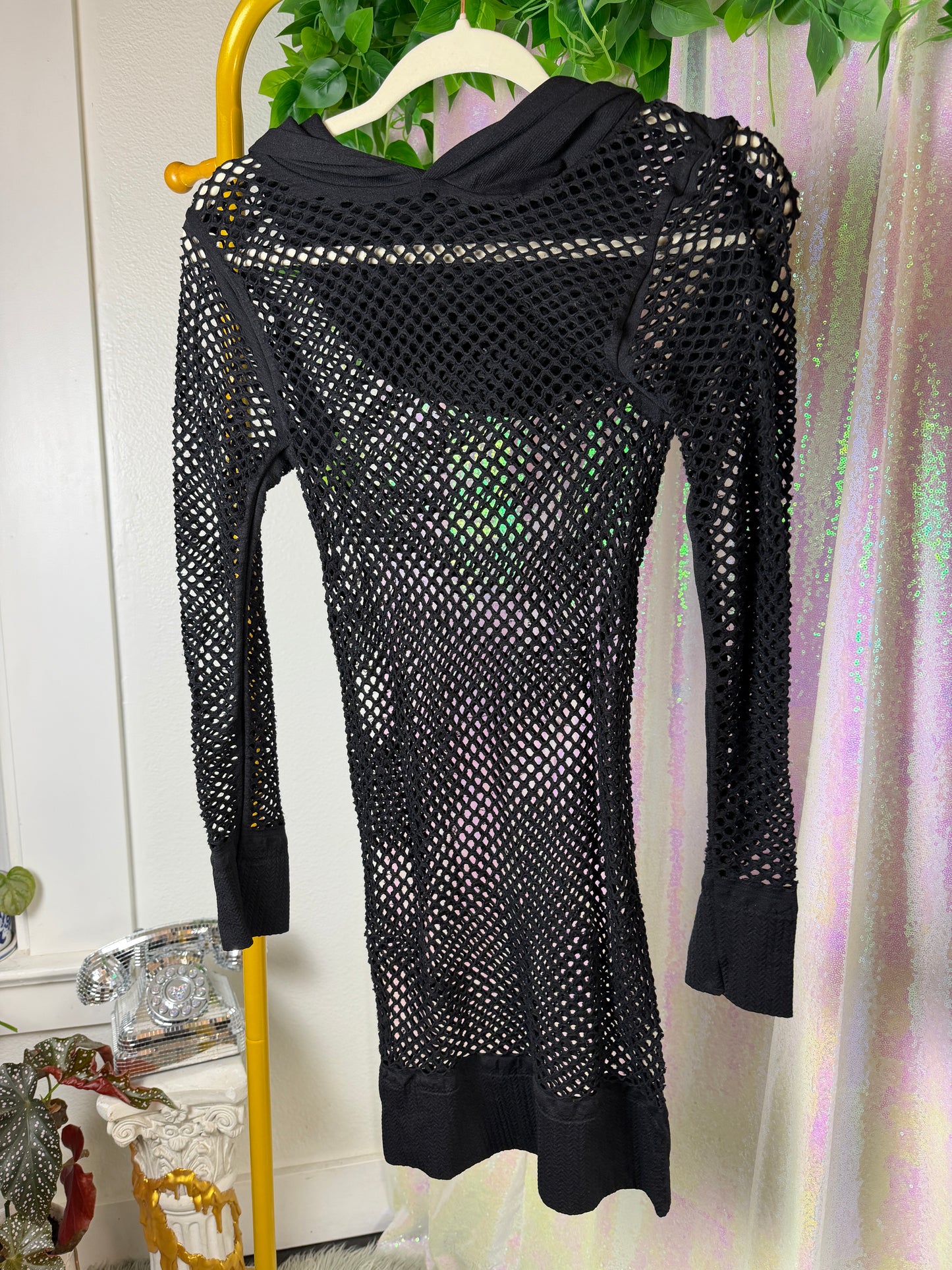 Half-Bag Value Bundle (M) 💖🌈🎶🔮 psychedelic rainbow, black & white trippy swirled rompers, black fishnet dress mesh checkered long sleeve shirt, purple and silver rhinestoned crop top sports bra (factory tagged: M)
